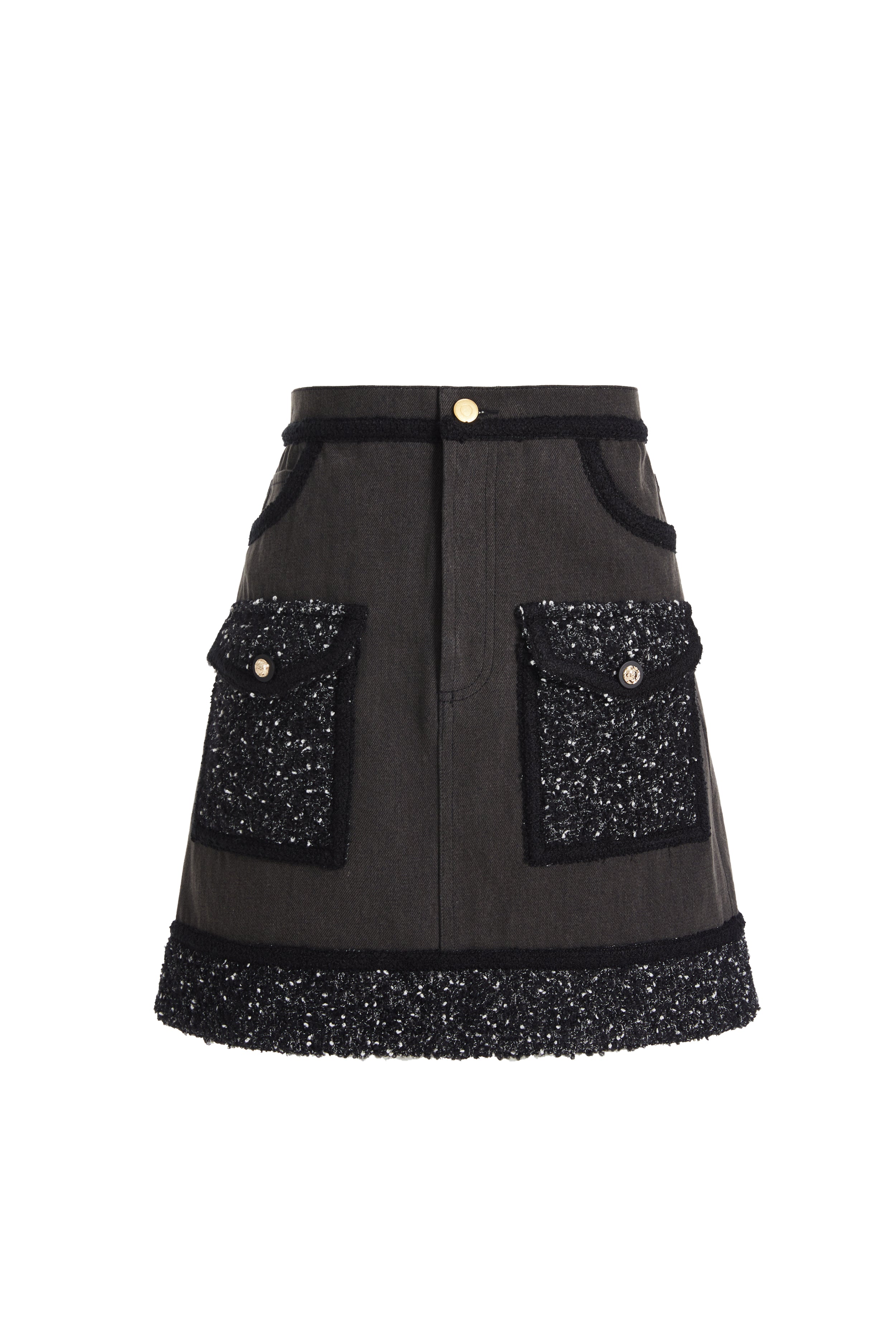 Denim skirt + black and white snowflakes tweed pocket and hem details , A line skirt