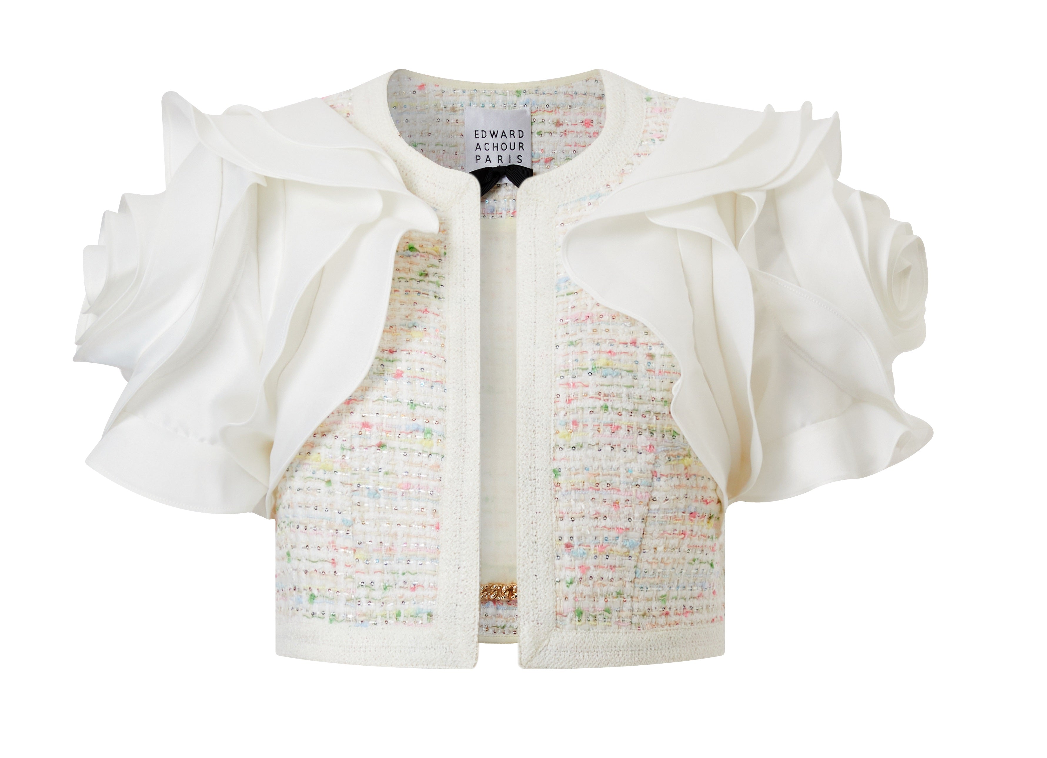 Multicoloured soft textured crop jacket with puffy flowers sleeves