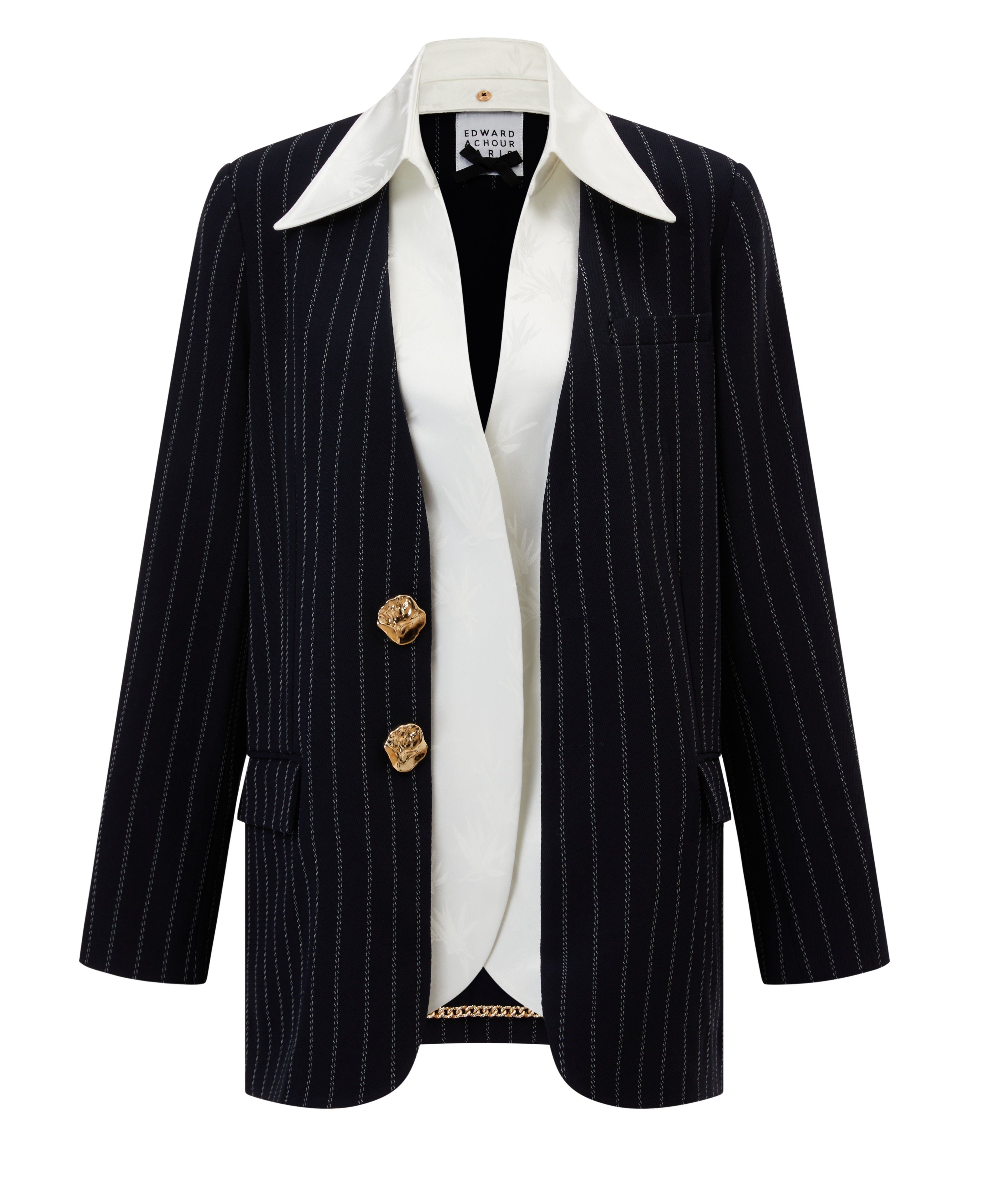 Boxy pin stripes blazer with removable white bamboo jacquard blouse effect