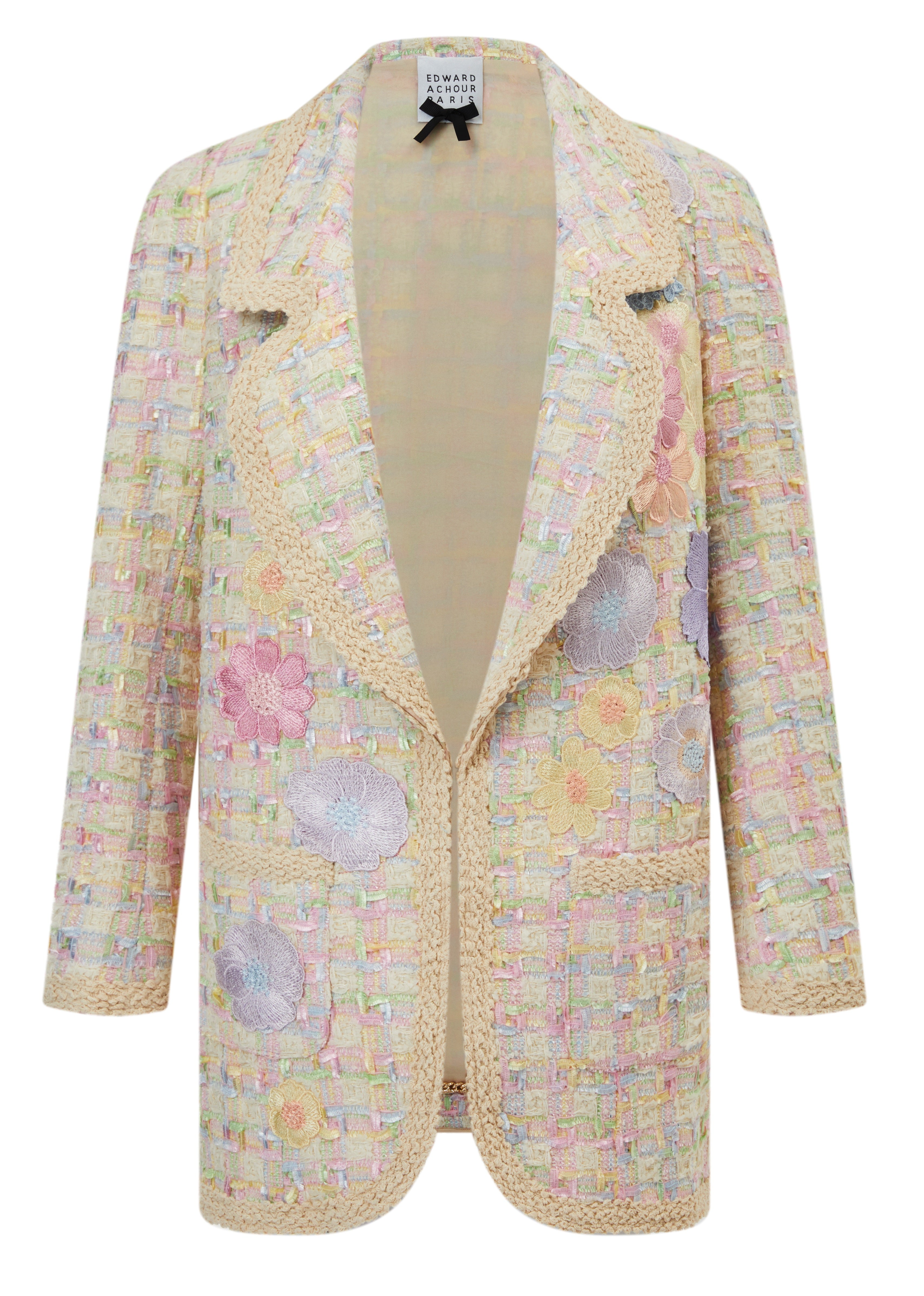 Pastels and macarons tones textured boxy blazer , with flowers embroidery