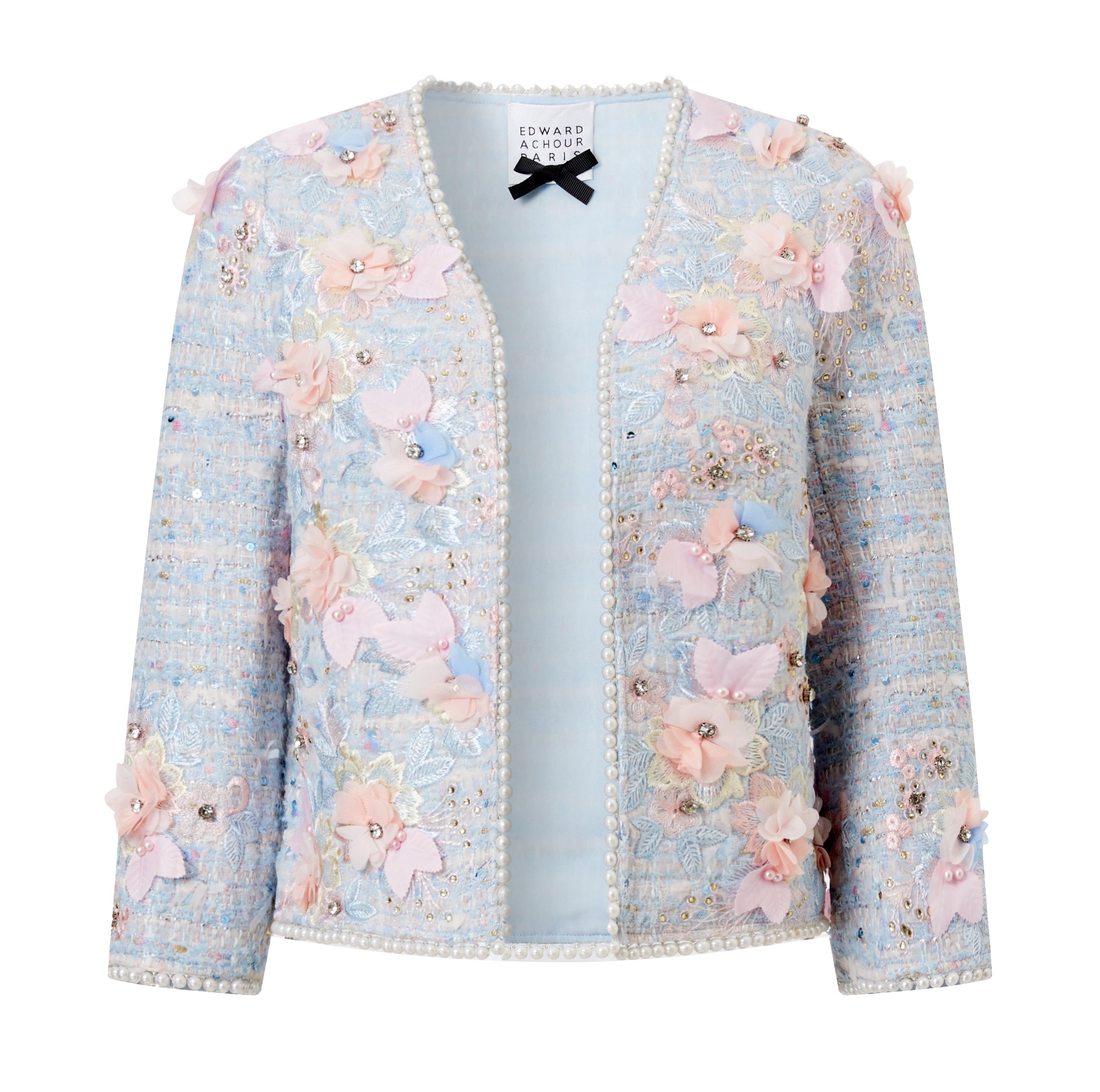 Light blu textured embroidered short jacket trimmed with pearls