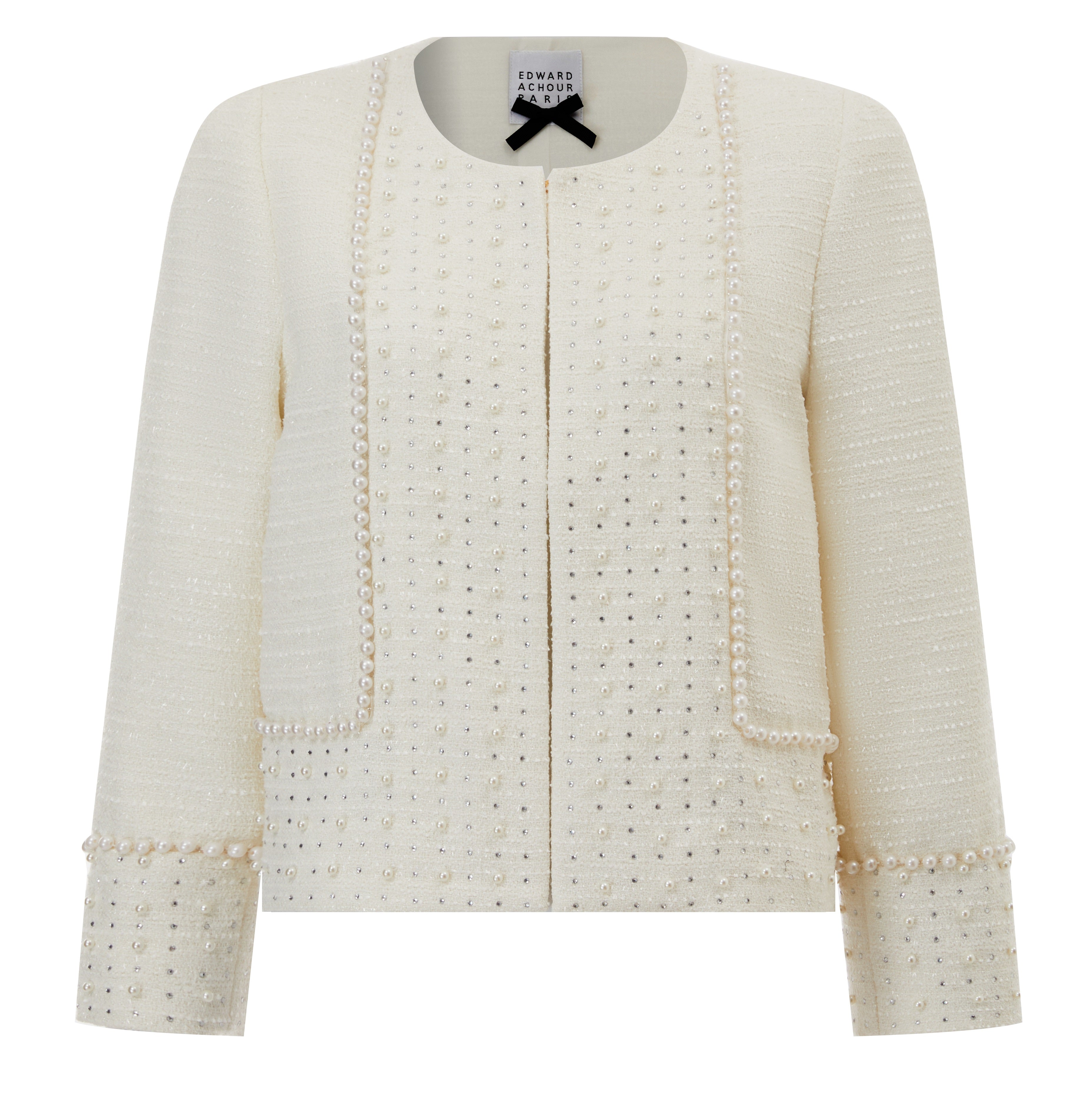 Short boxy jacket ivory with Cristal shiny hint trimes with pearls + Cristals