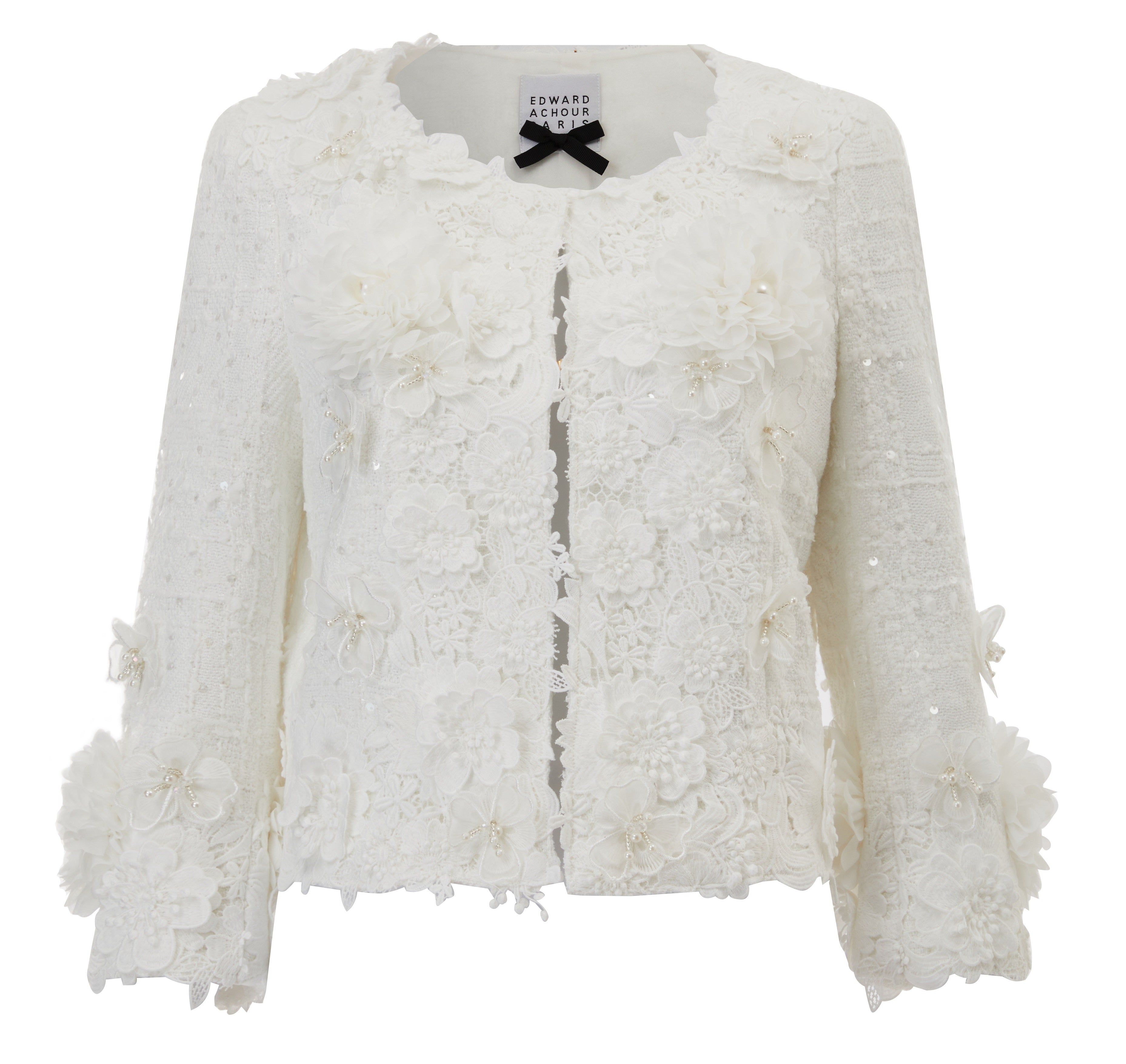 White textured natté short boxy jacket , with white flowers + Cristal embellishments