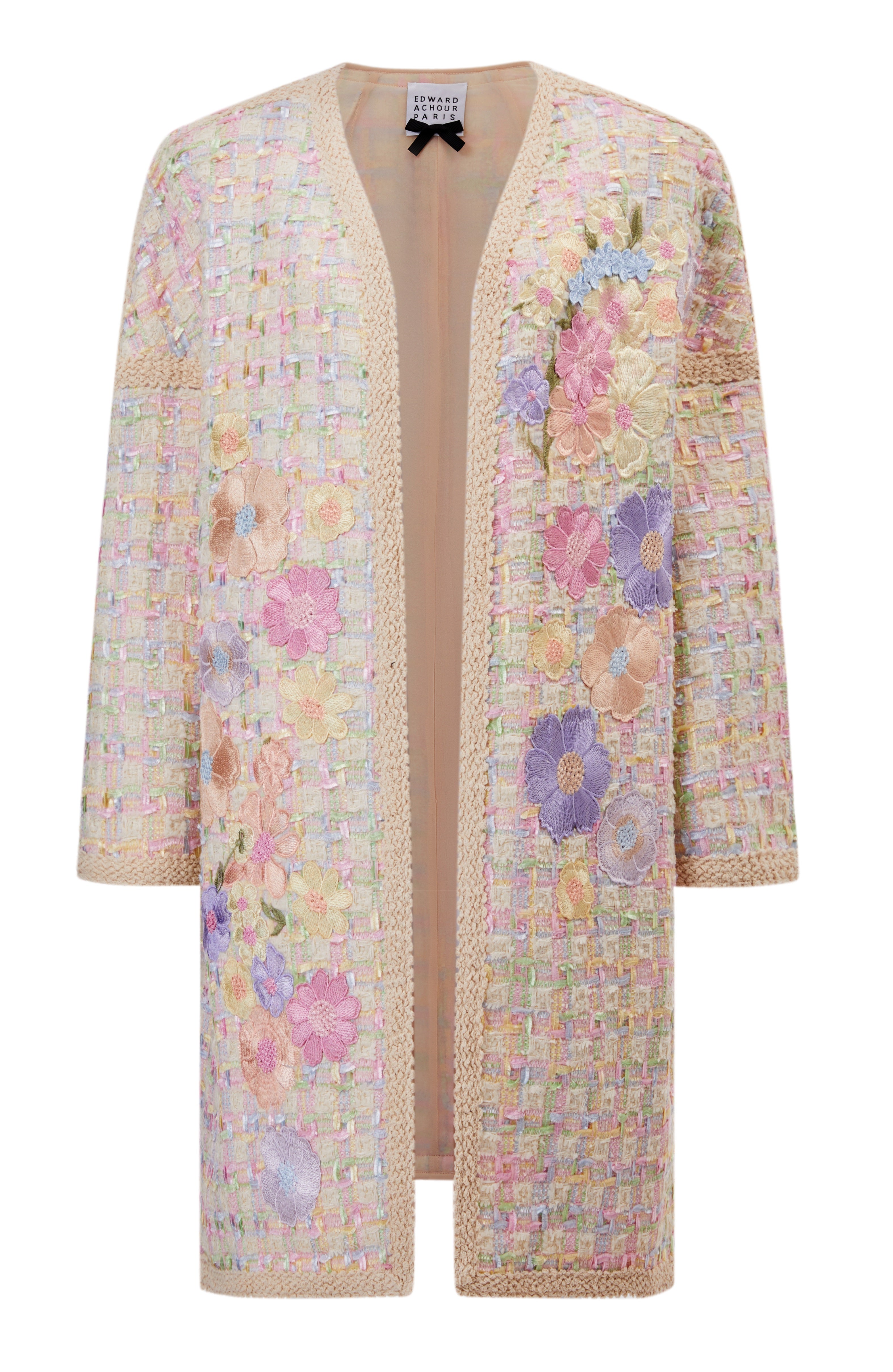 Macarons colours natté boxy coat with pastel flowers embroidery