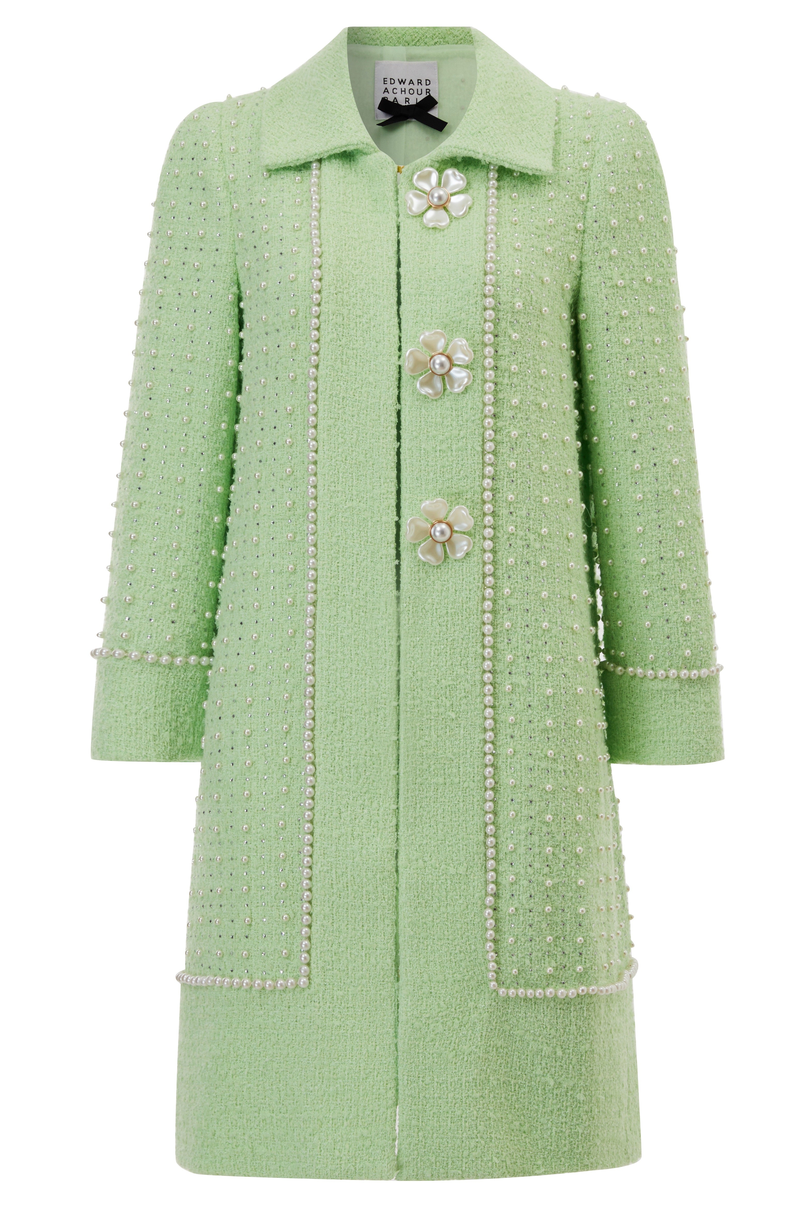 Pastel Mini coat with pearls and rhinestones and big flowers buttons details