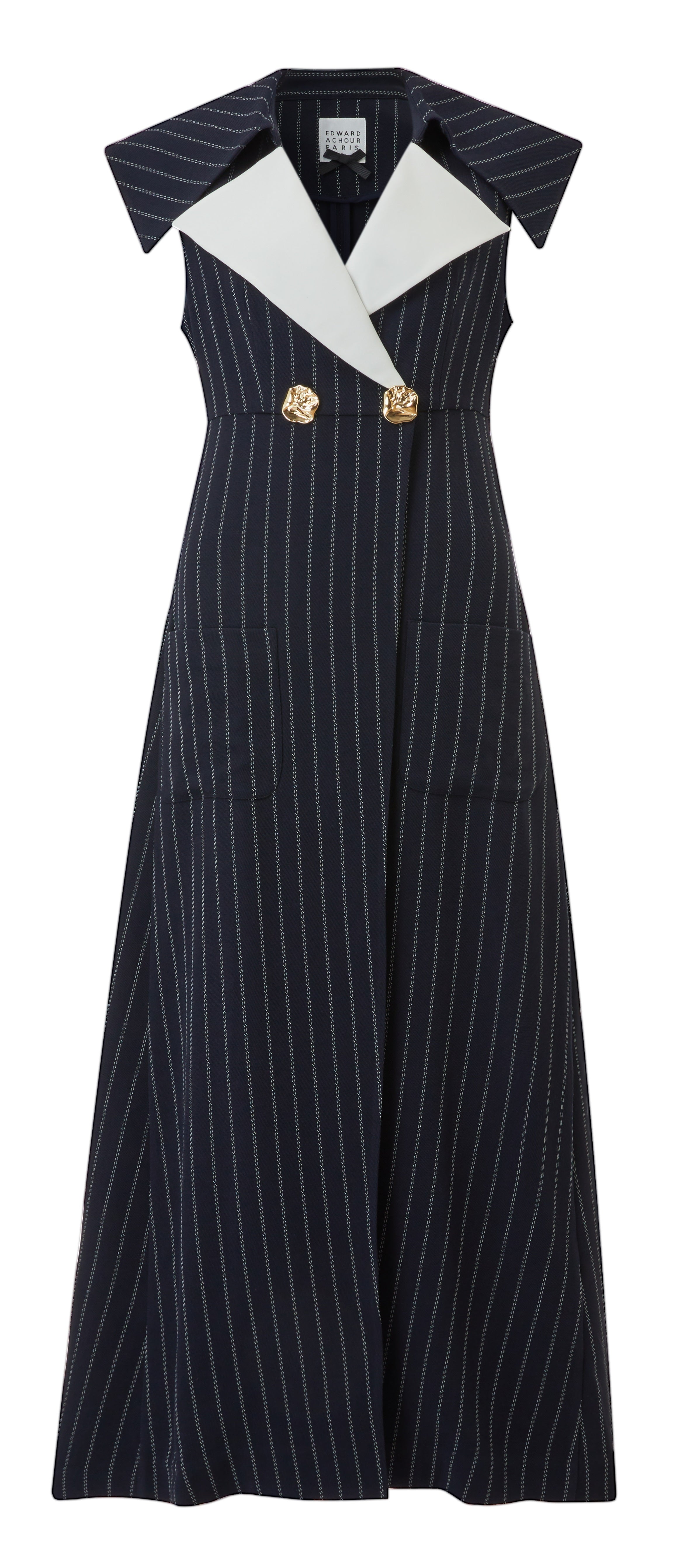 Sleeveless fitted pin stripes giant collar coat with white upper collar detail