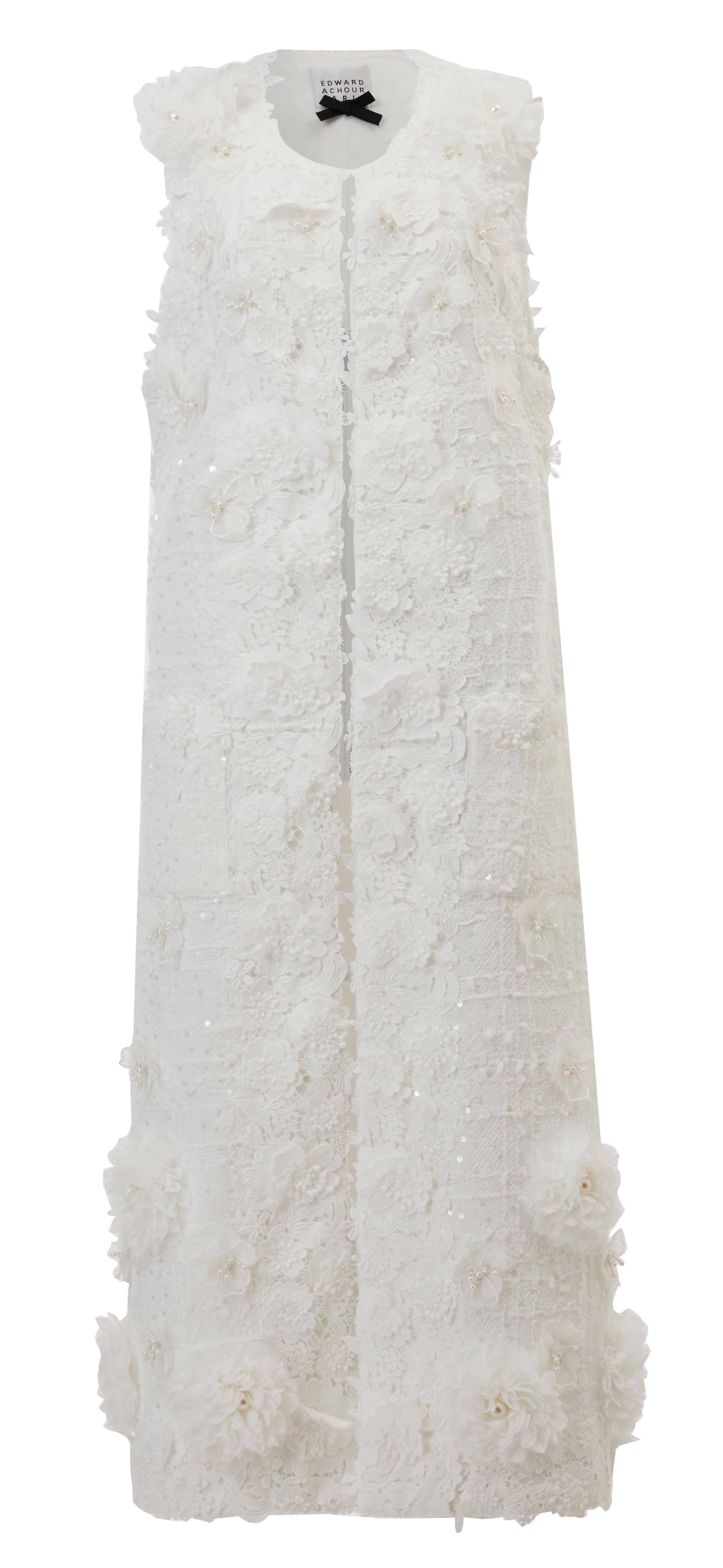 Long textured sleeveless coat with white rhinestones lace and chiffon flowers embellishments