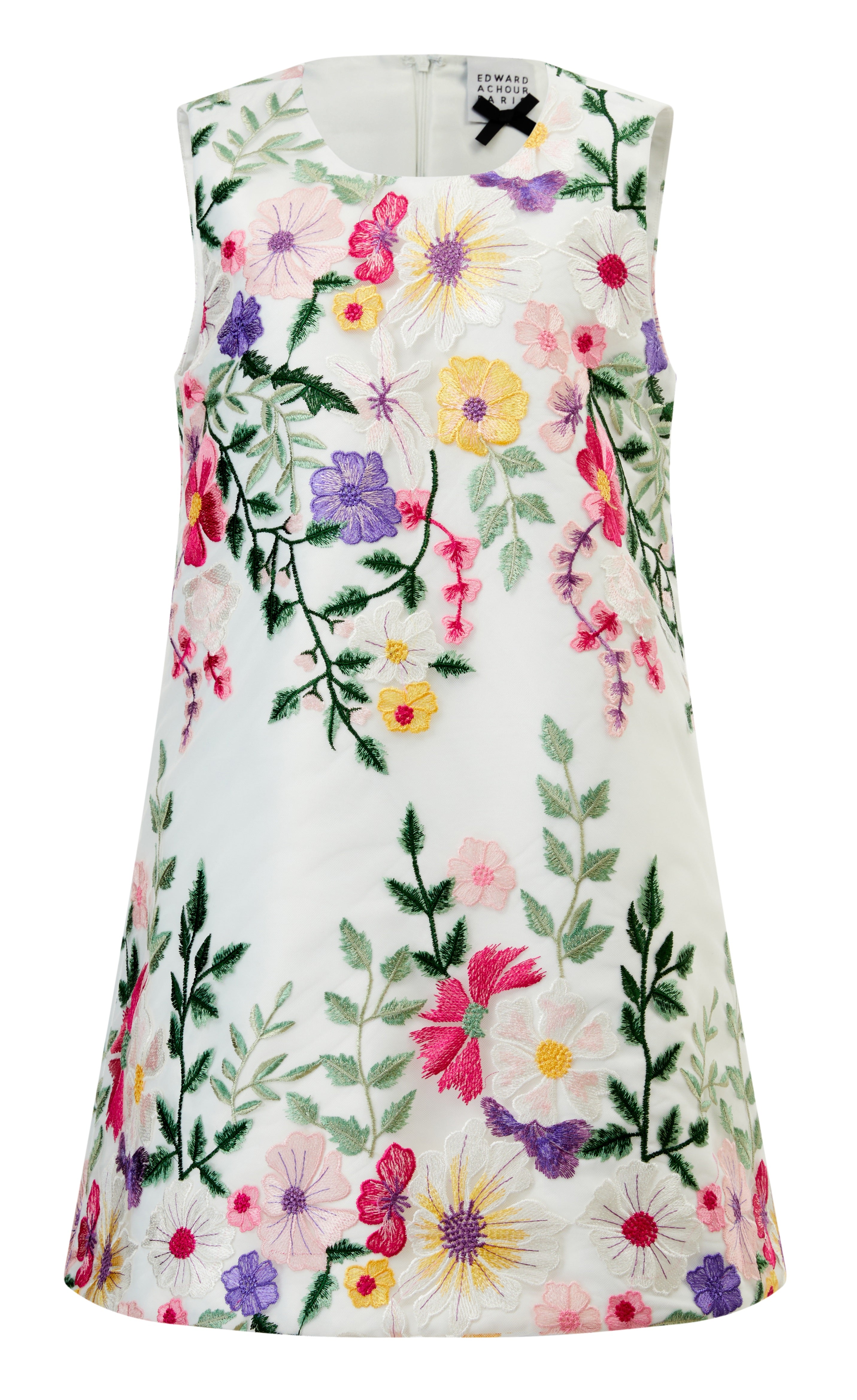 A line dress with multicoloured flower embroidery