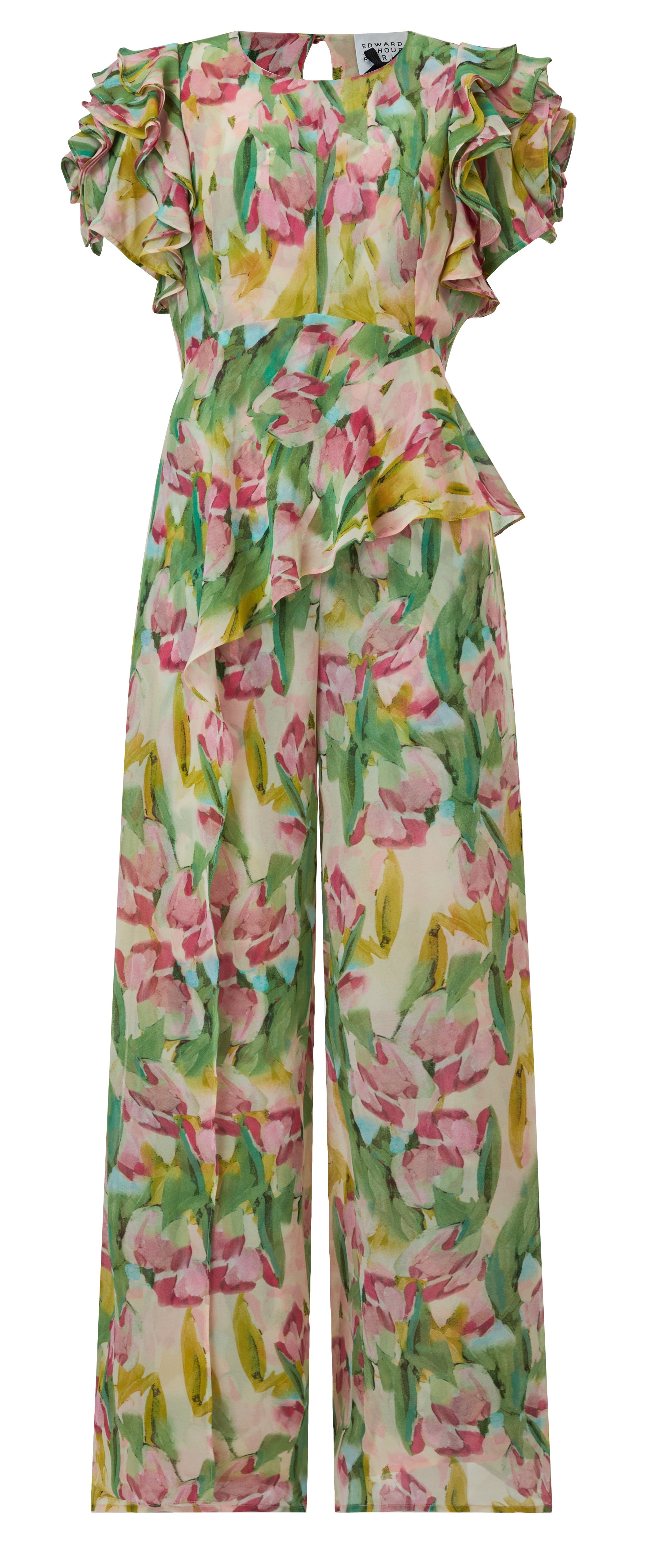 chiffon printed jumpsuit with flower sleeves