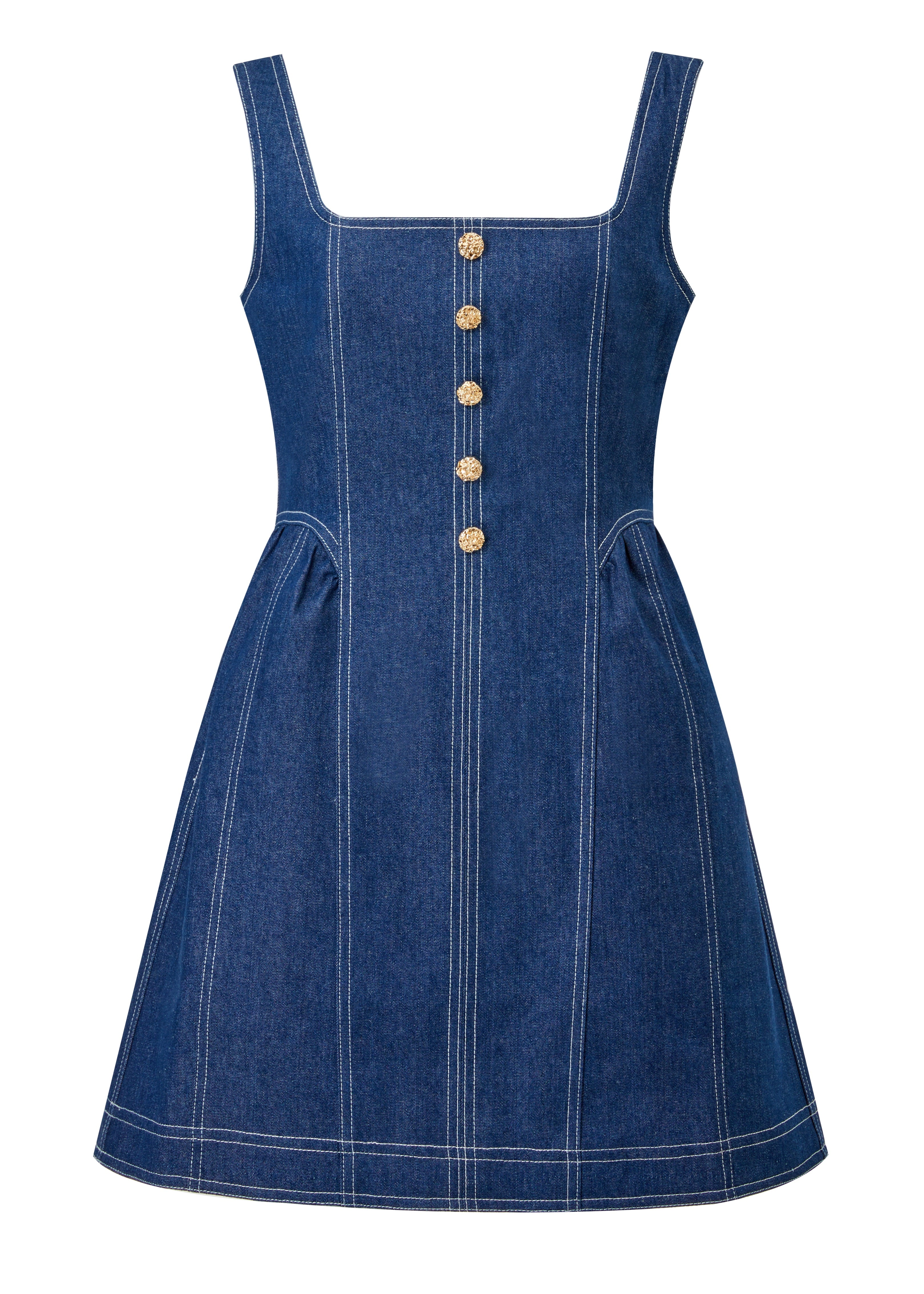 Mini denim dress with gold buttons and white topstitches