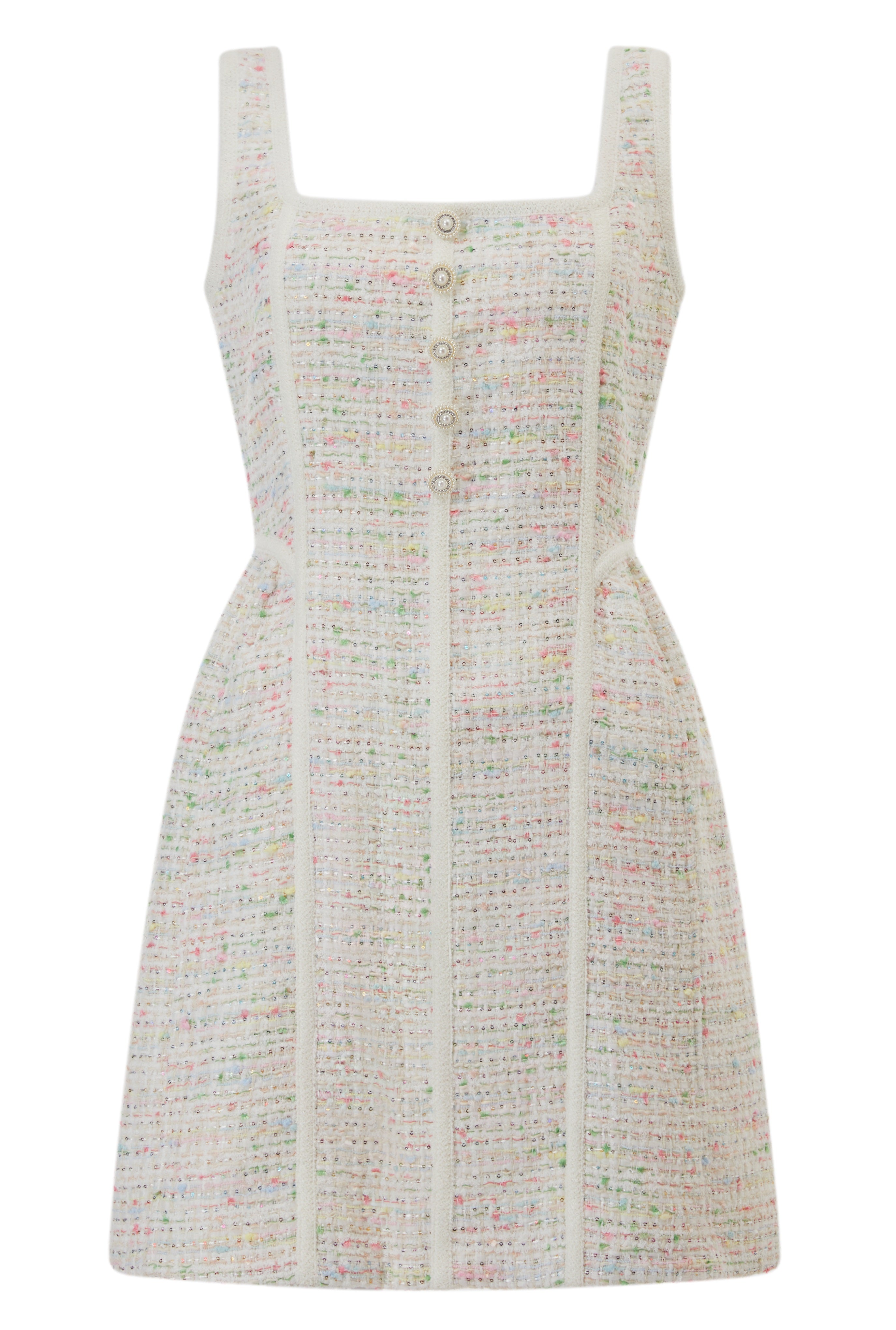 Multicoloured textured natté dress with white Cristal buttons