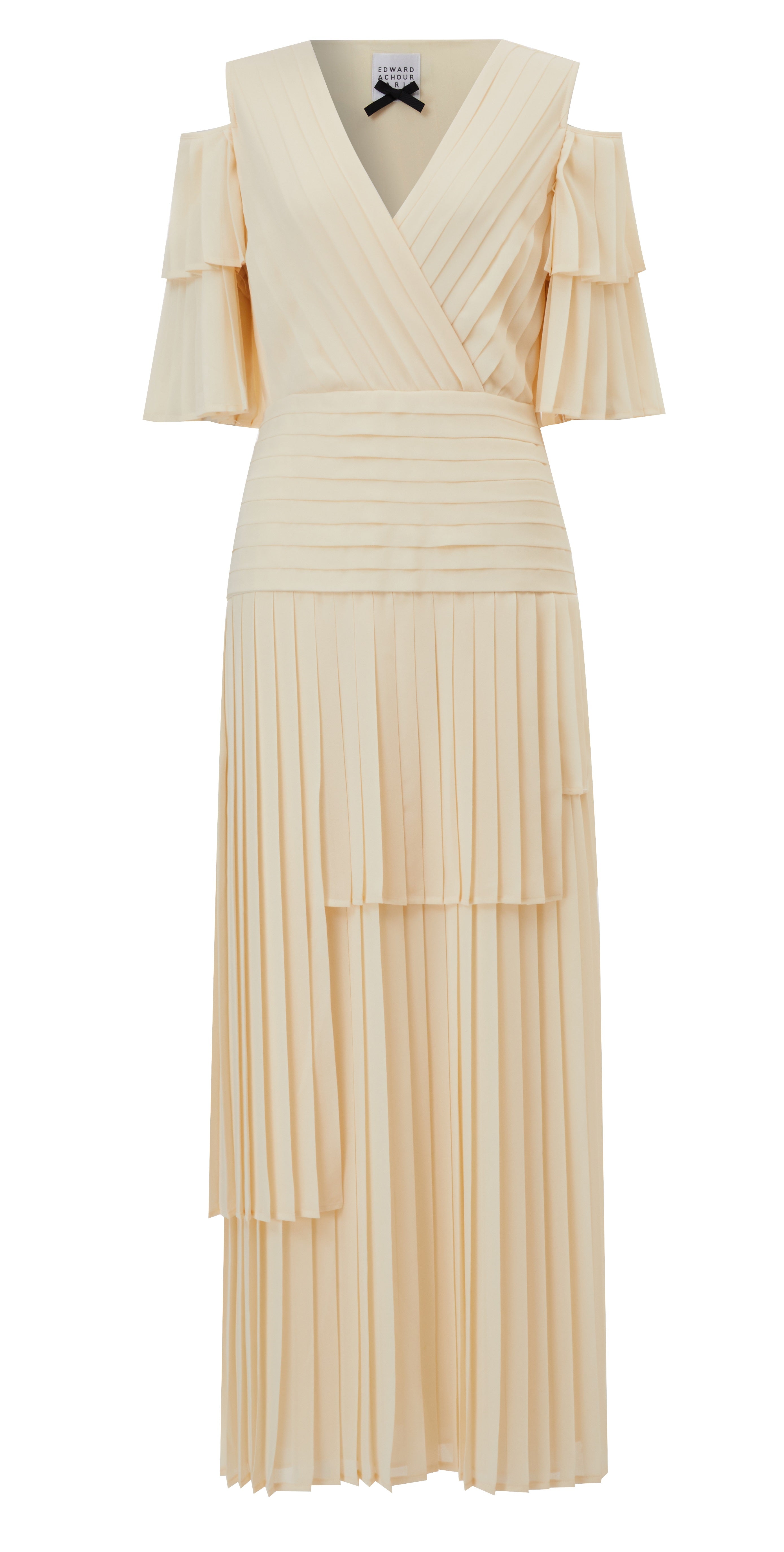 Asymmetrical long pleated Chiffon dress with open shoulder pleated sleeves