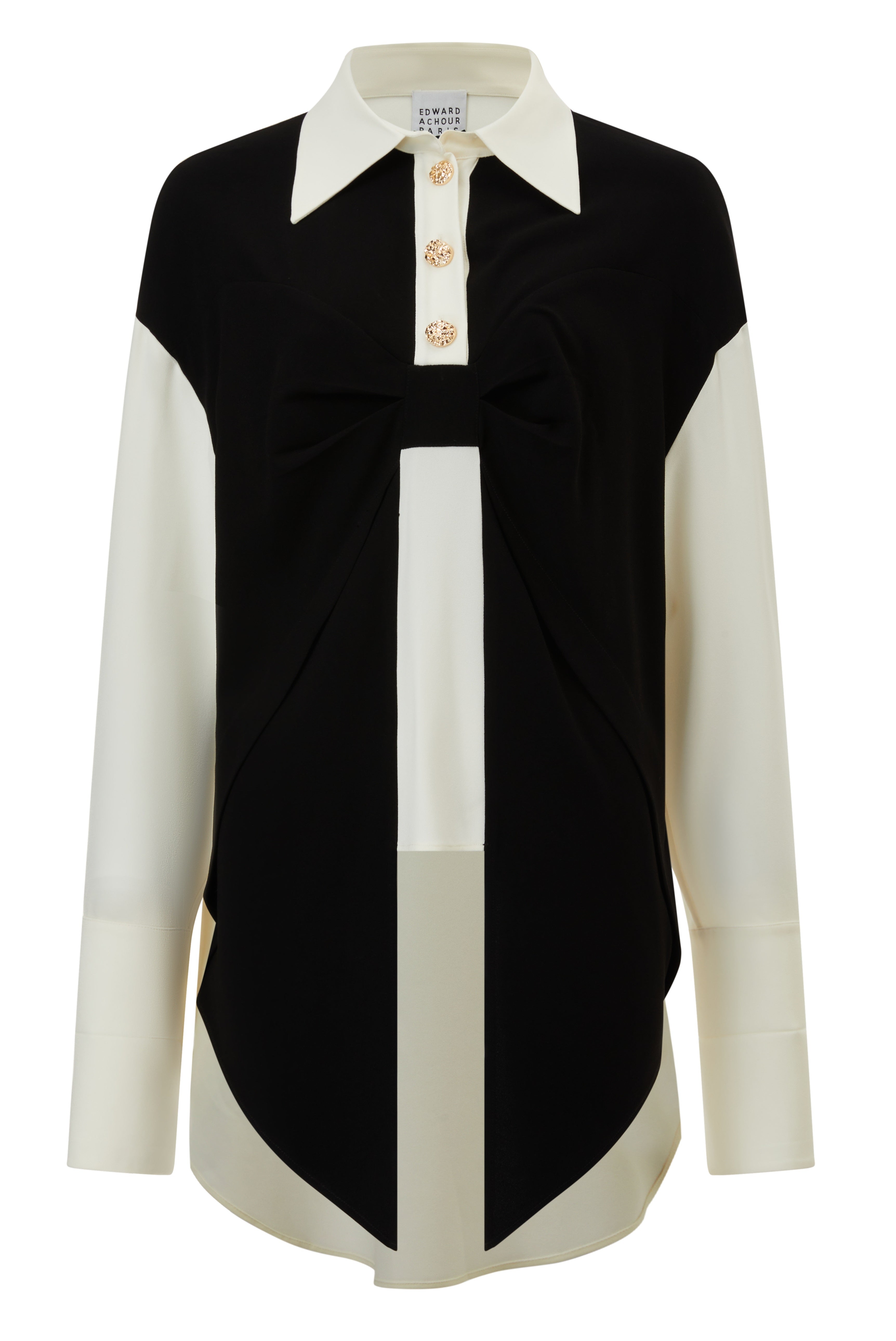 Bow effect front details on ivory boxy long crêpe blouse