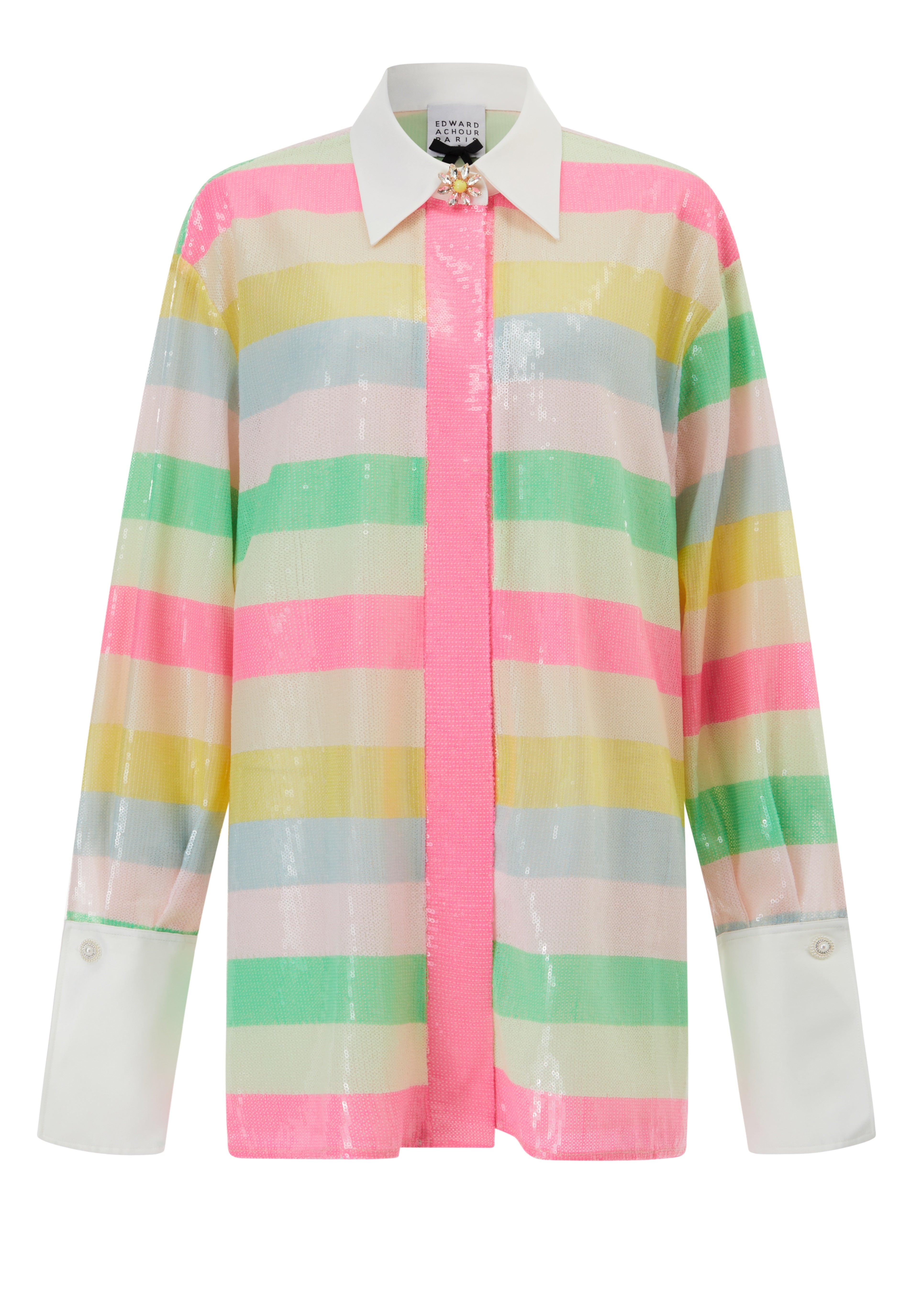 Oversized boxy multicoloured candy sequins stripes with white cuffs and jewel buttons