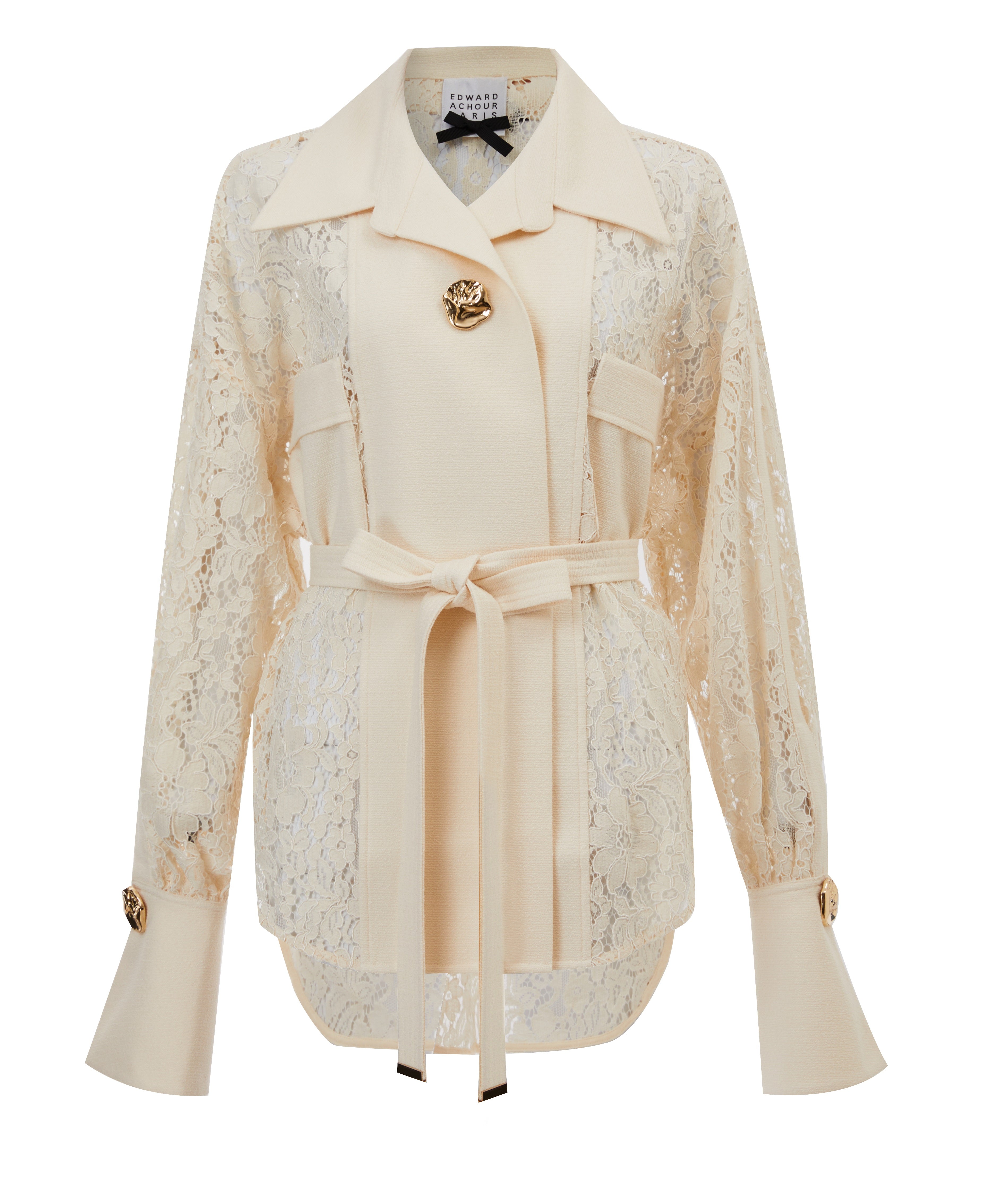 Lace and crêpe oversized belted shirt jacket