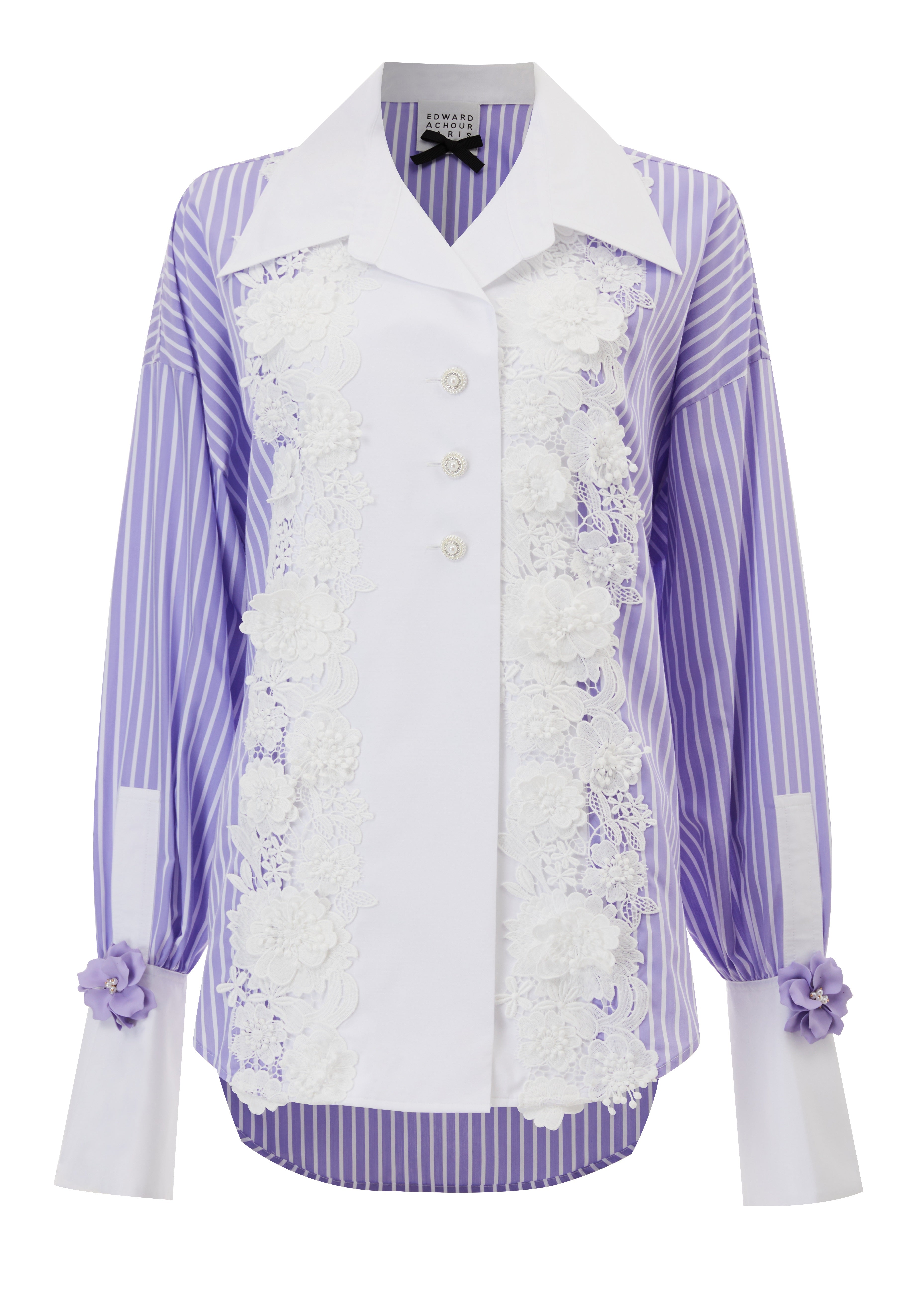 Stripes poplin shirt with white rhinestones and embroidered details