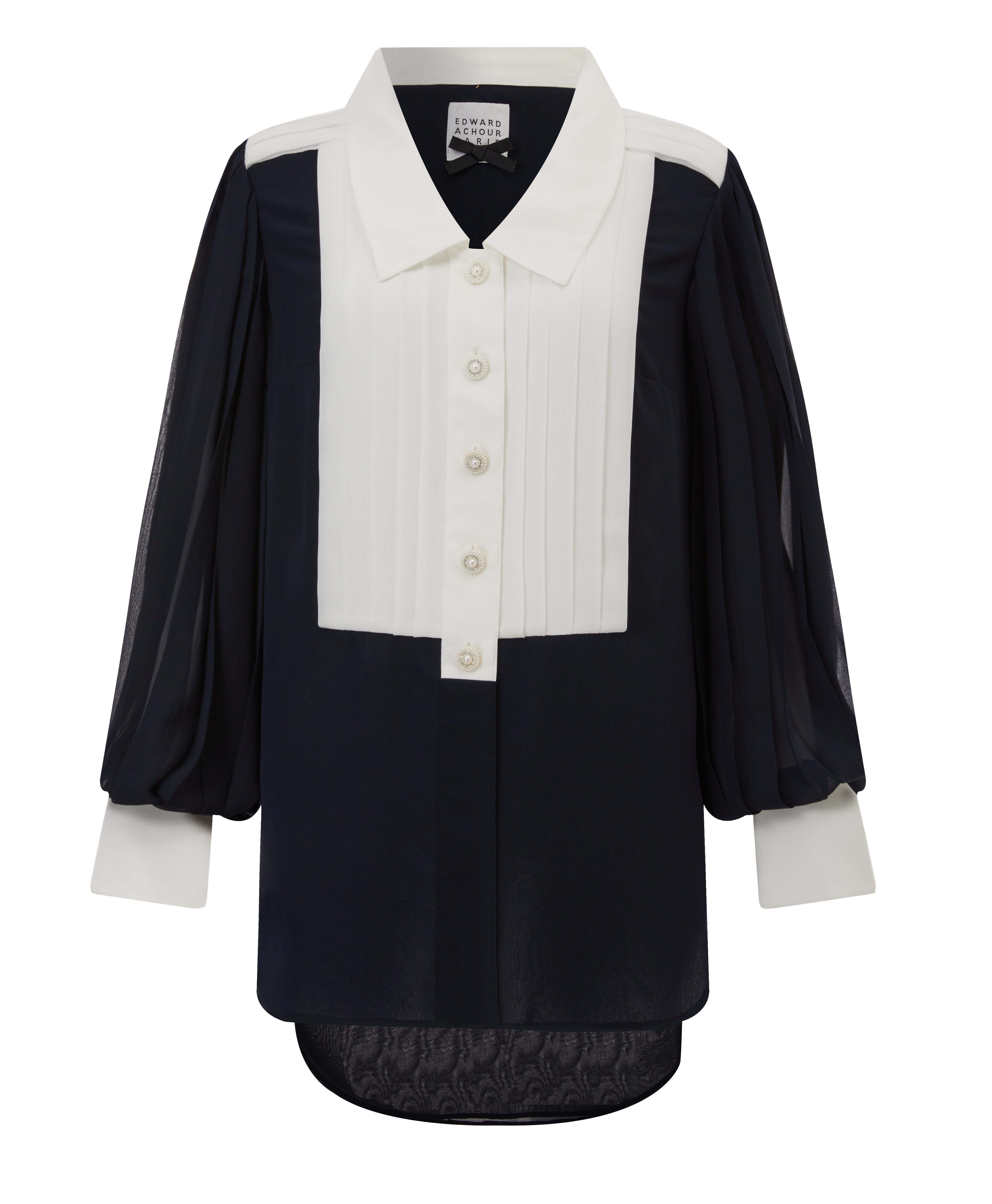 Couture shape , contrast pleated front and sleeves long crêpe chiffon blouse