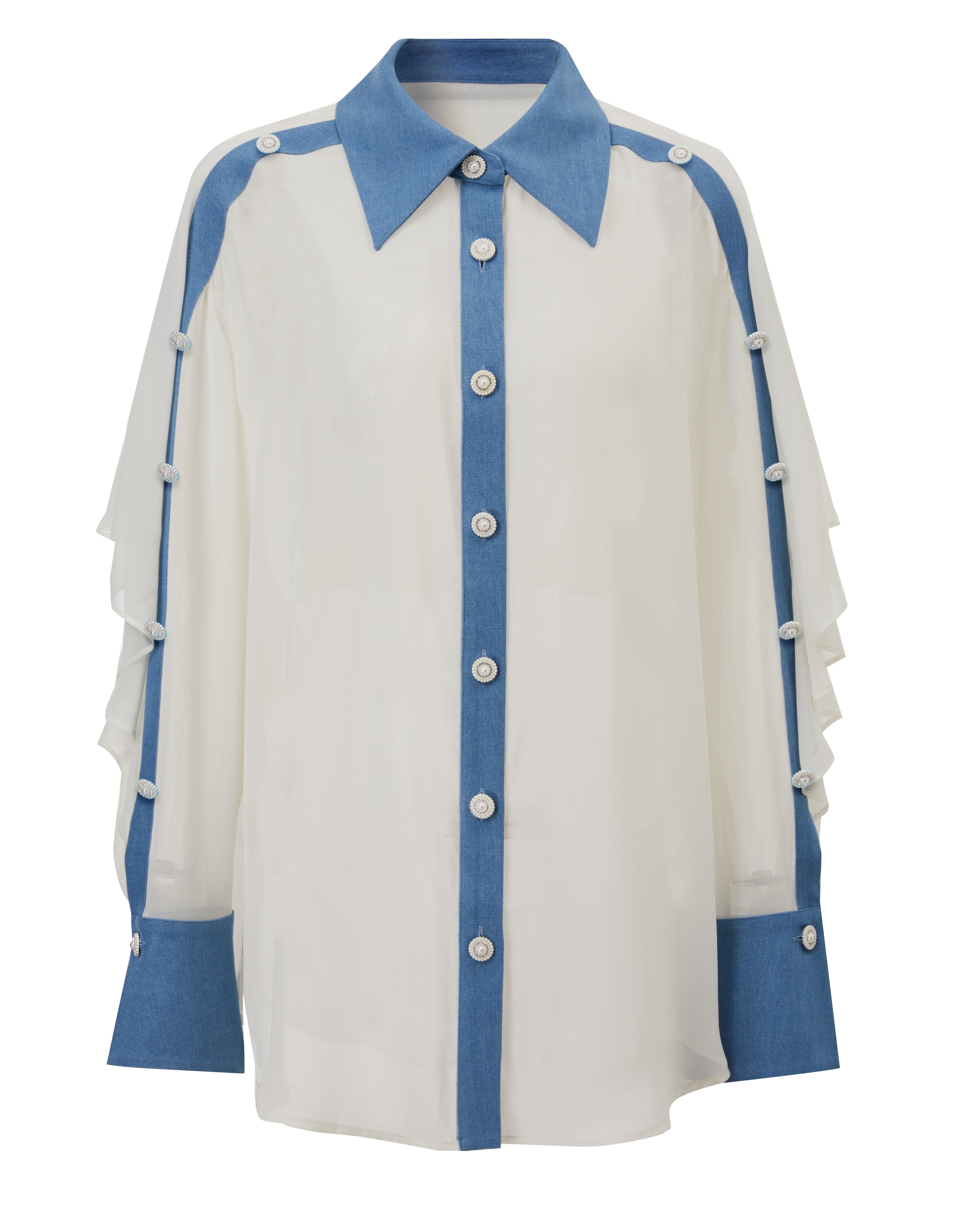 Ruffle sleeves , with collar and denim details blouse long ivory blouse