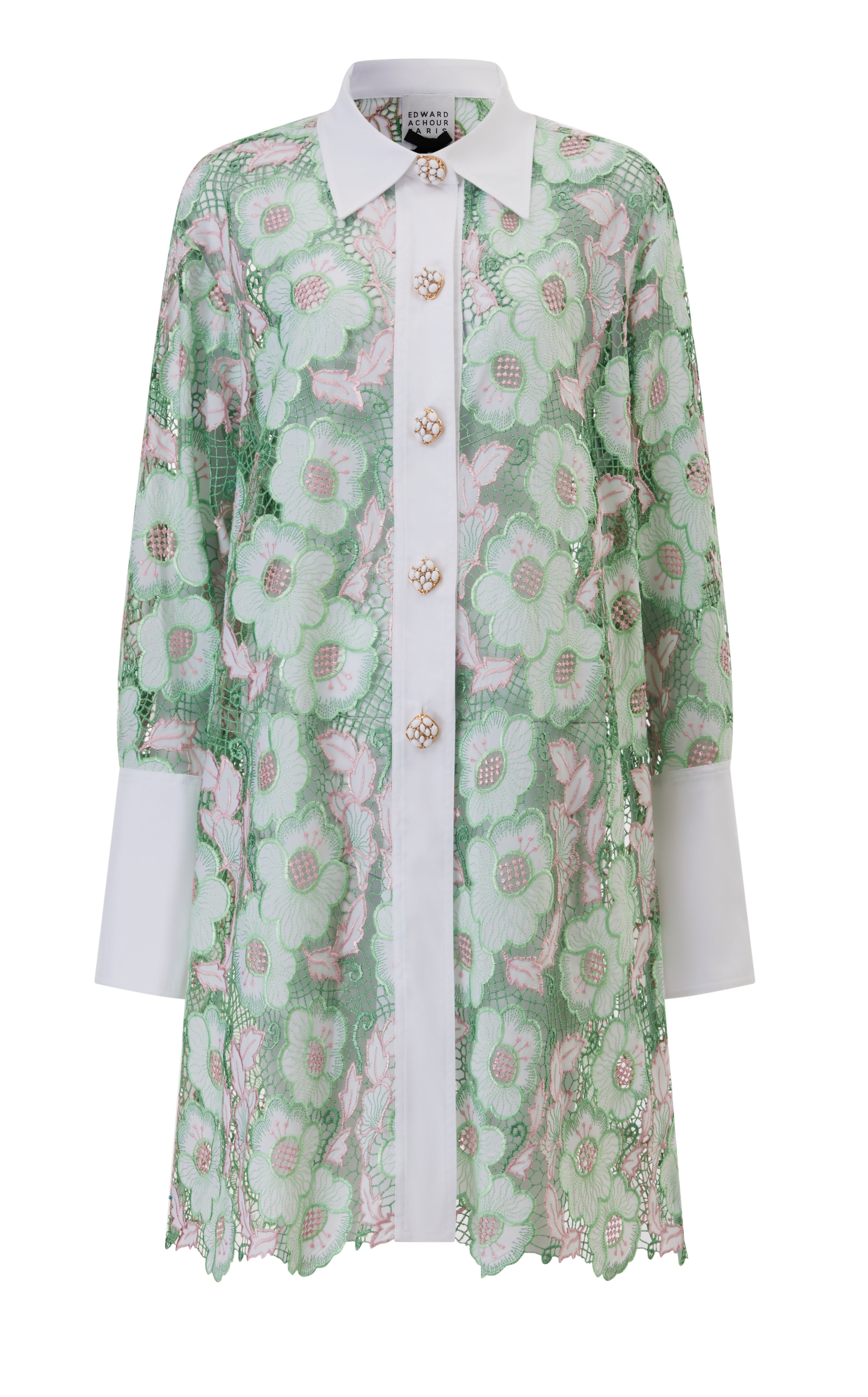 Flower lace maxi blouse dress with white details amd collar + white jewels buttons