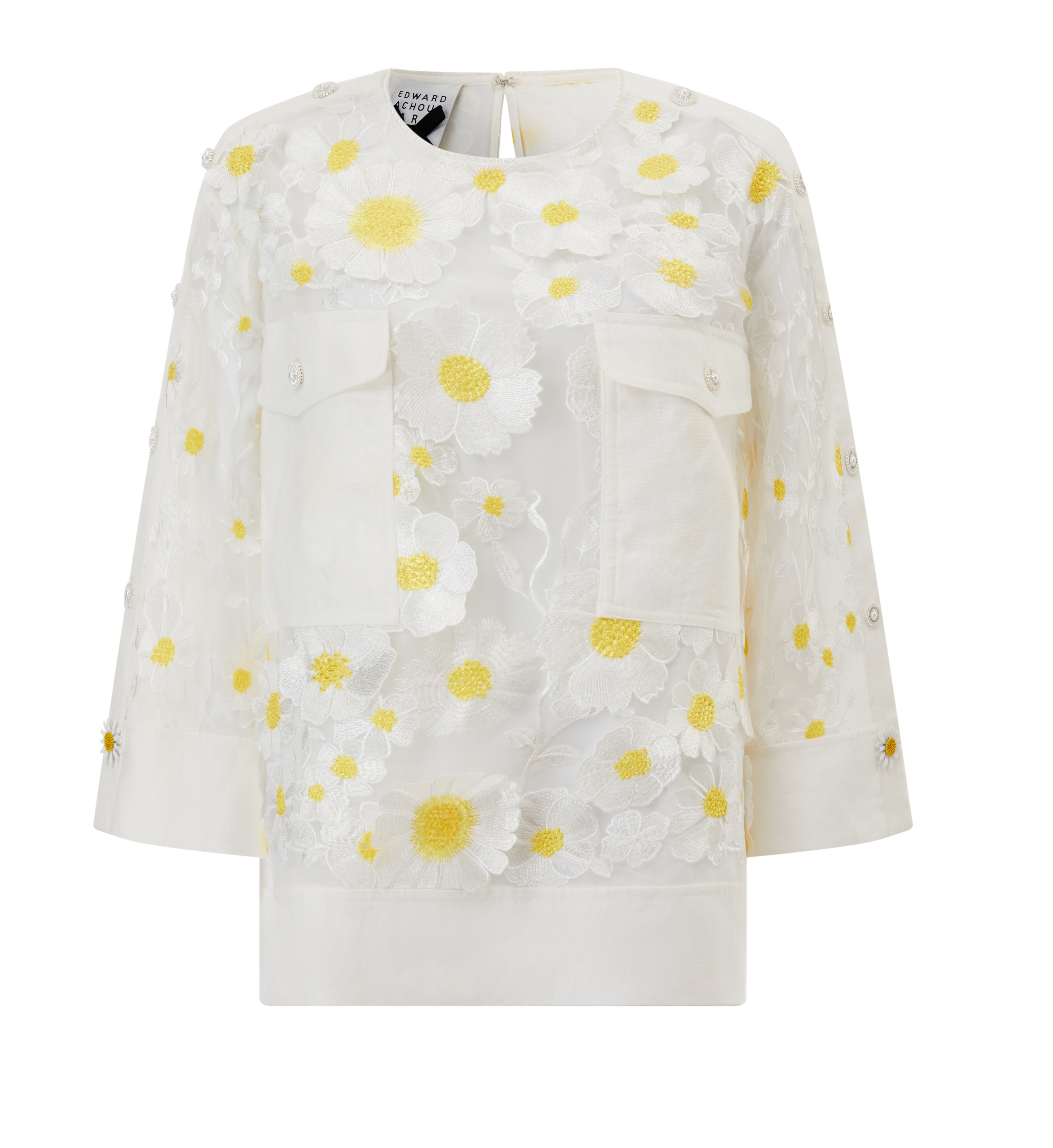 3D embroided daisies boxy top with white linens details and Cristal buttons