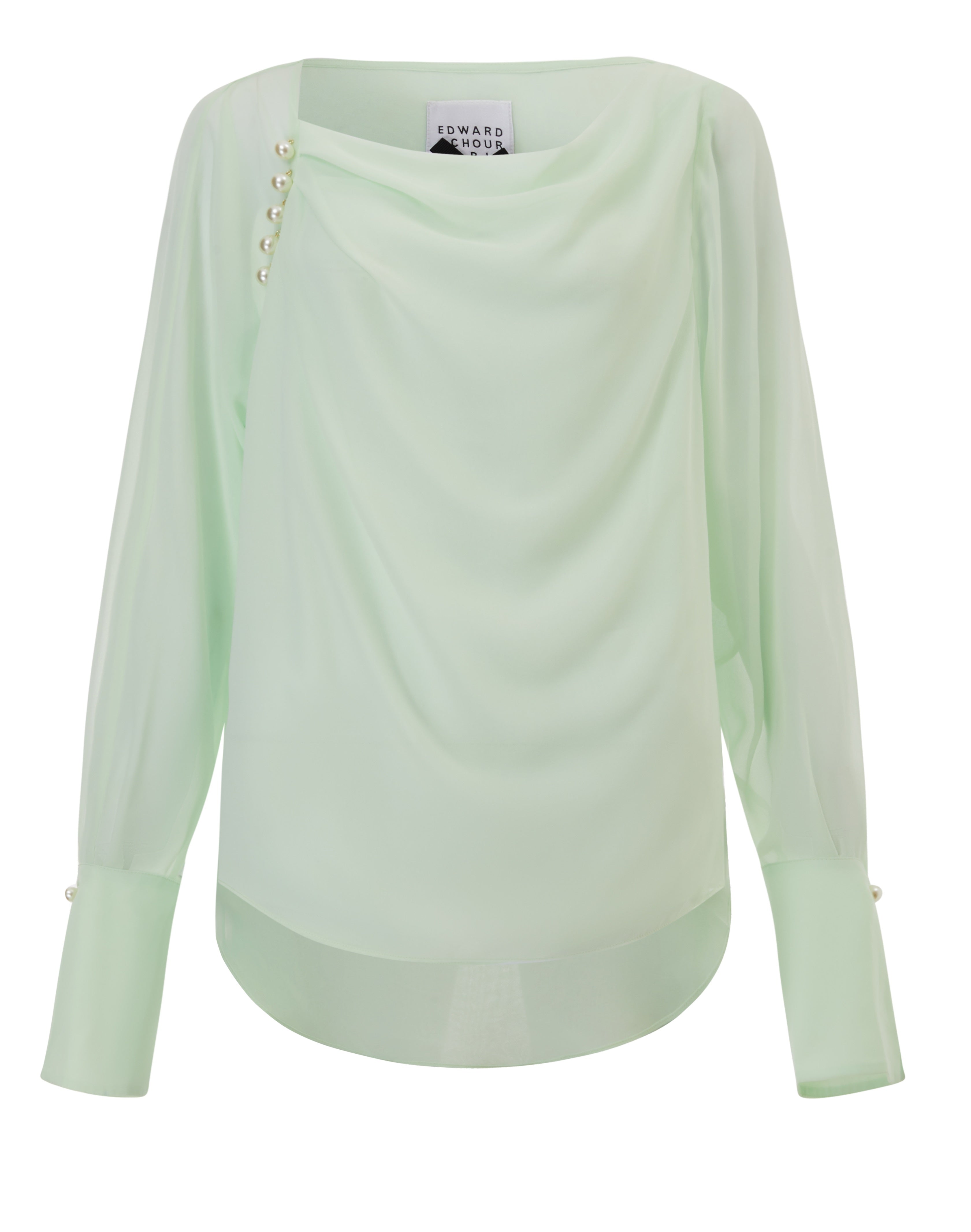 Asymmetrical long sleeves chiffon crêpe waterfall top and pearls details