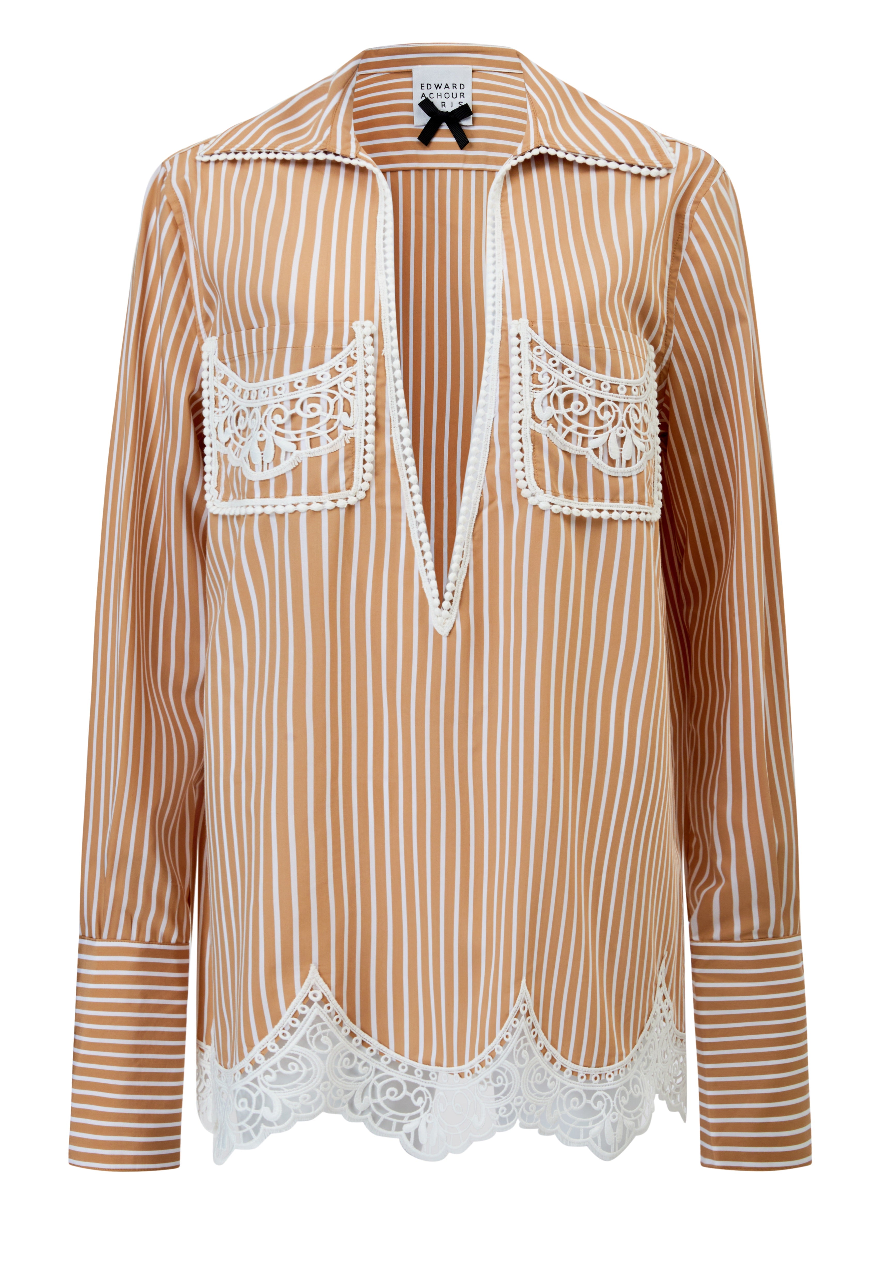 Deep V neck stripes poplin long shirt