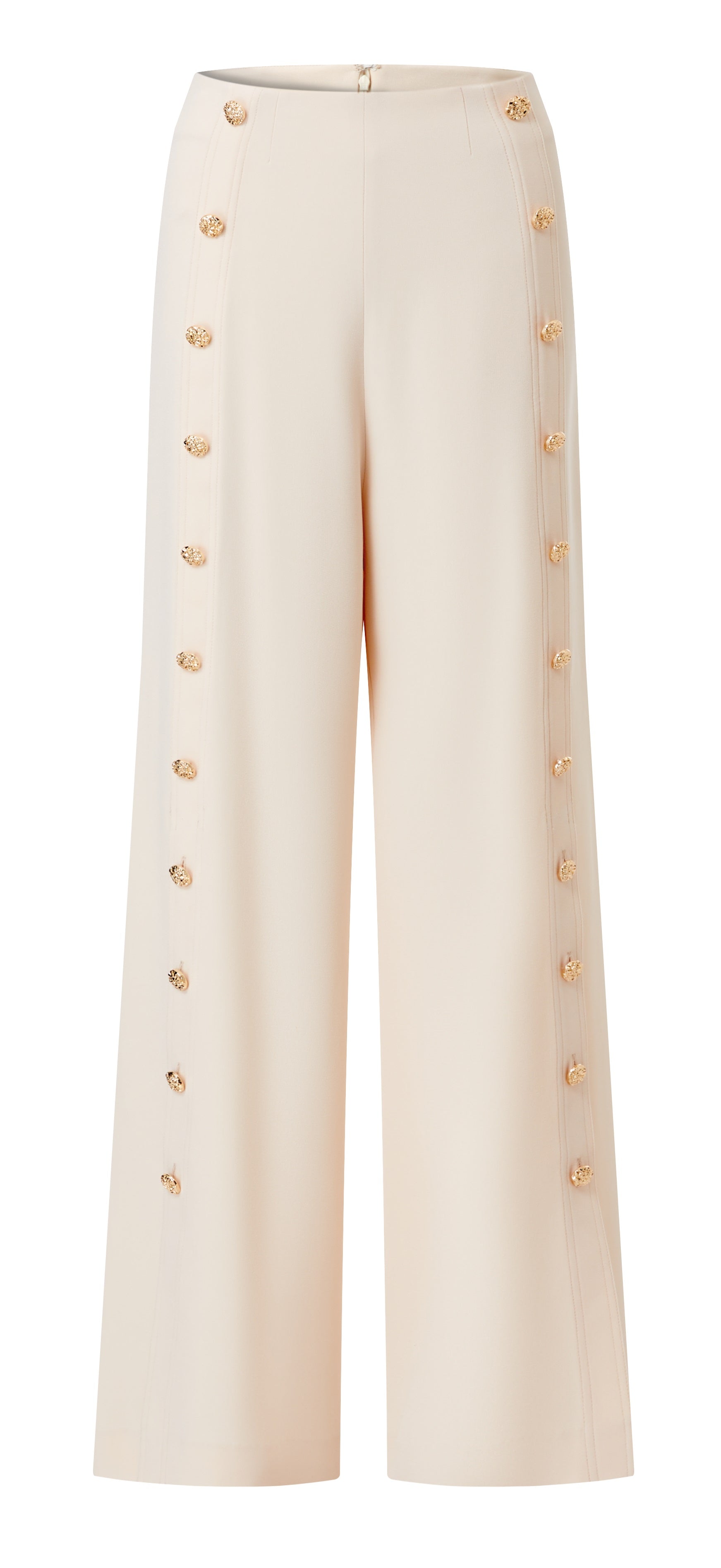 Wide caddy crêpe pant with front leg placket and gold buttons details