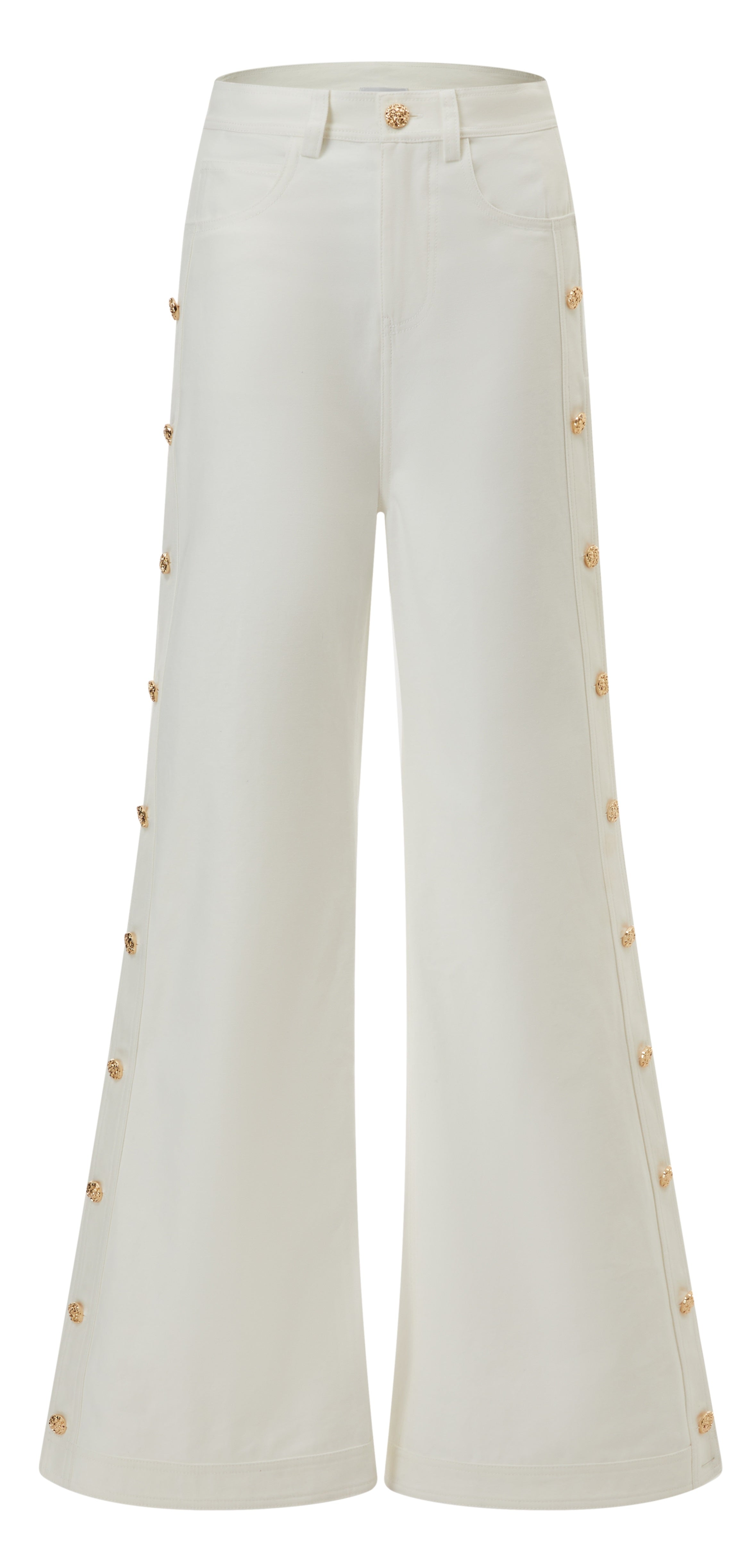 Denim pant with placket and gold buttons