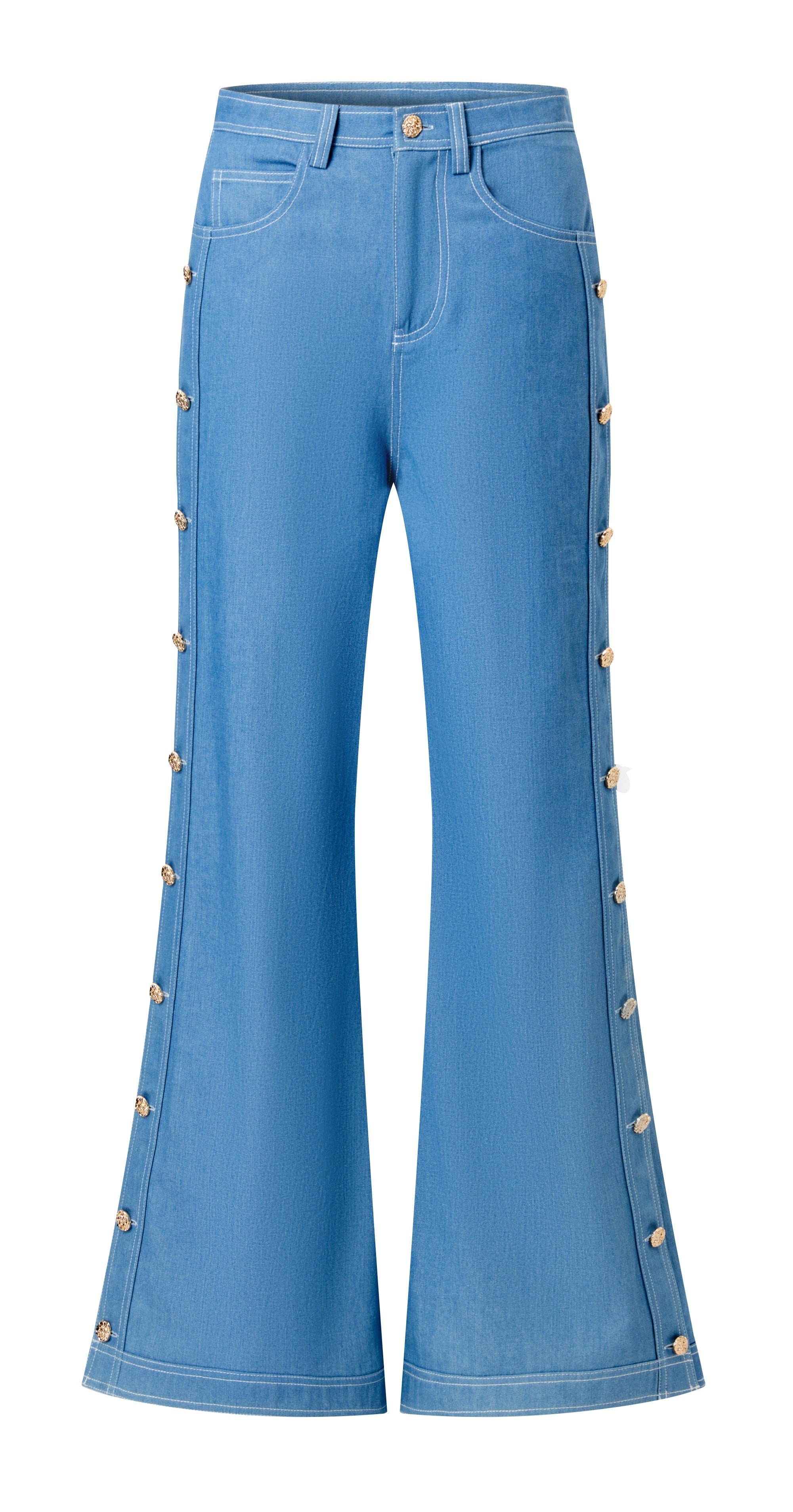 Denim pant with placket and gold buttons