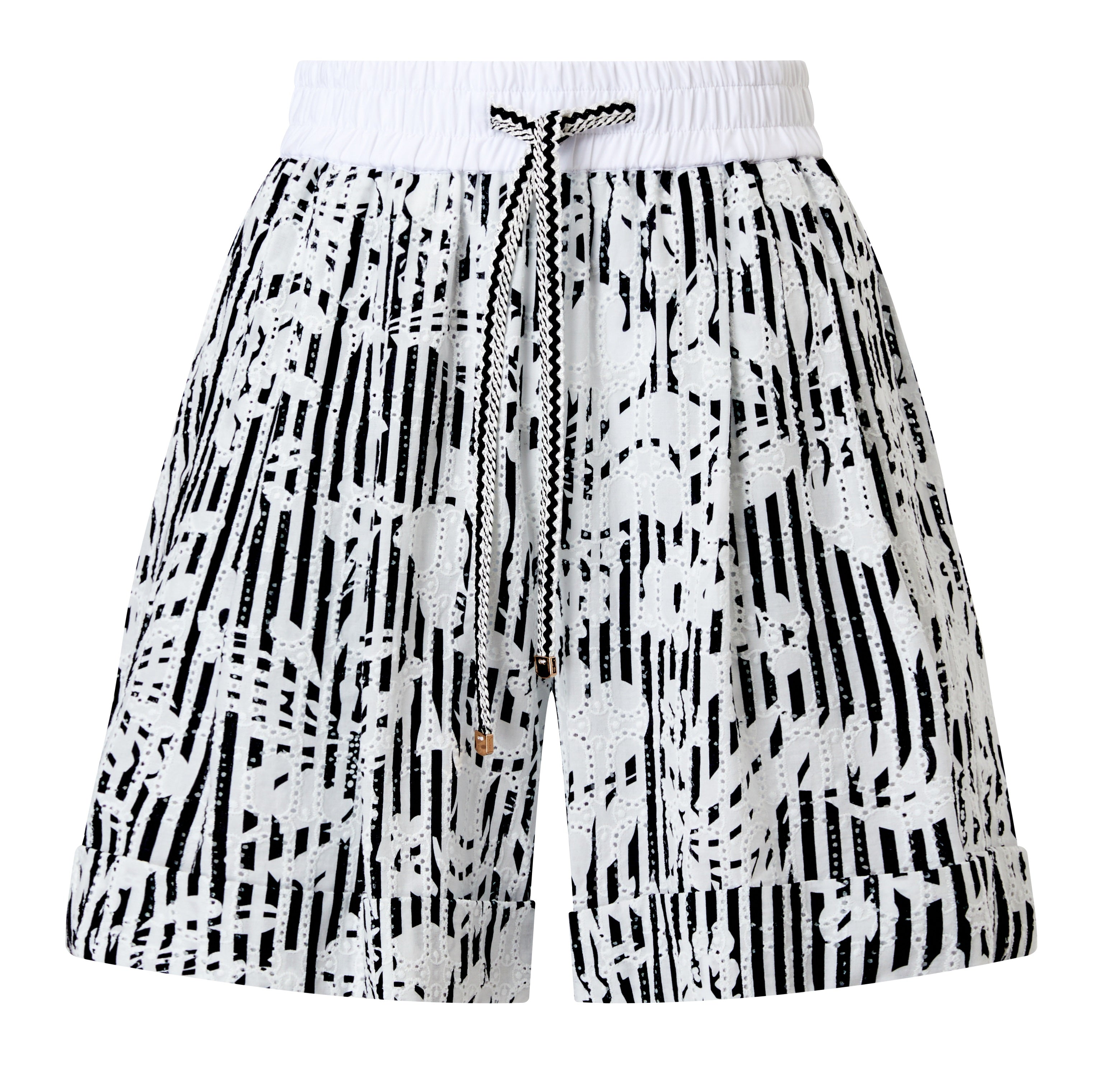 Black and white printed coton embroidered with white waist details and detailed trim pullers