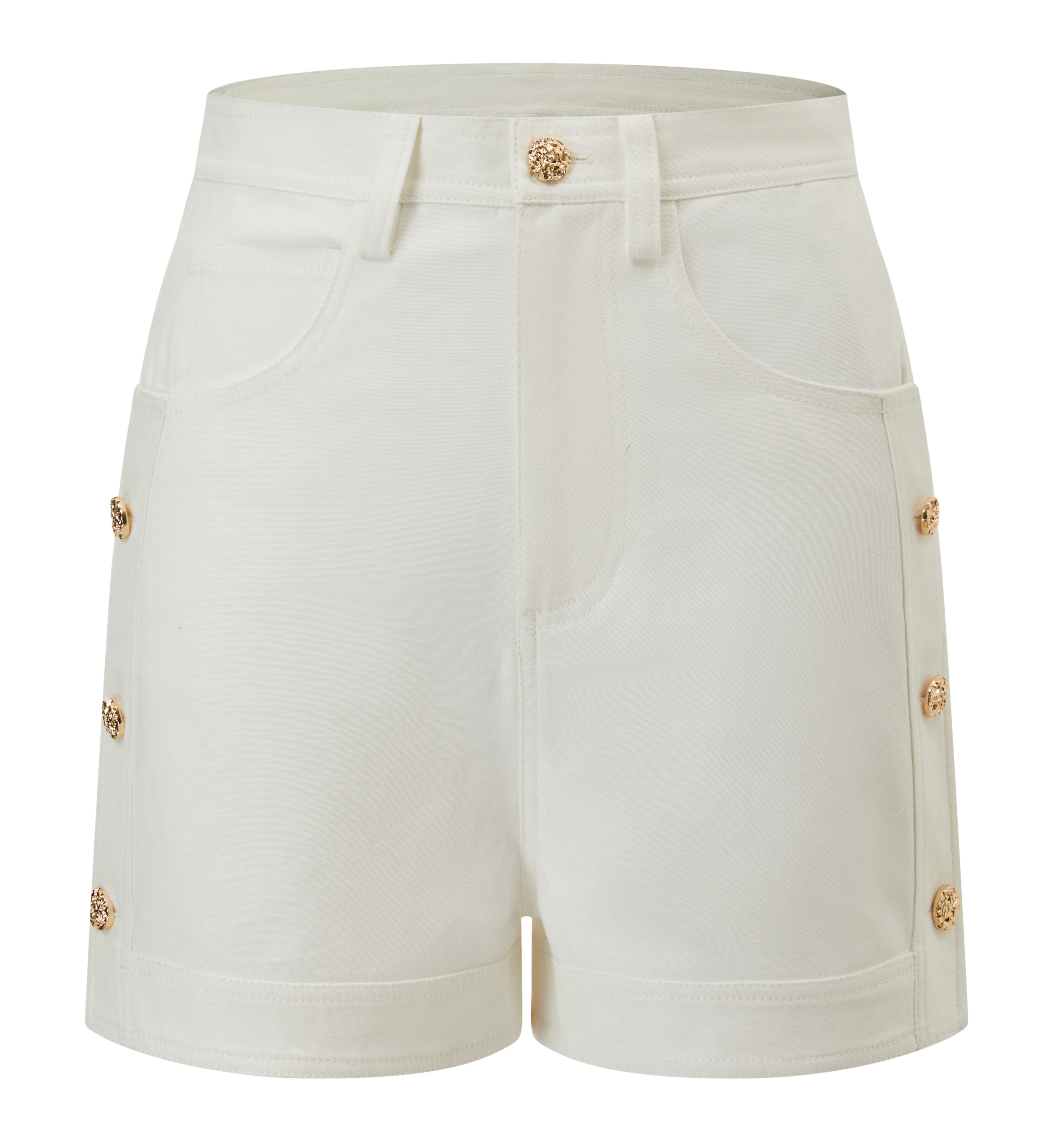 Gold bittons detailed denim shorts