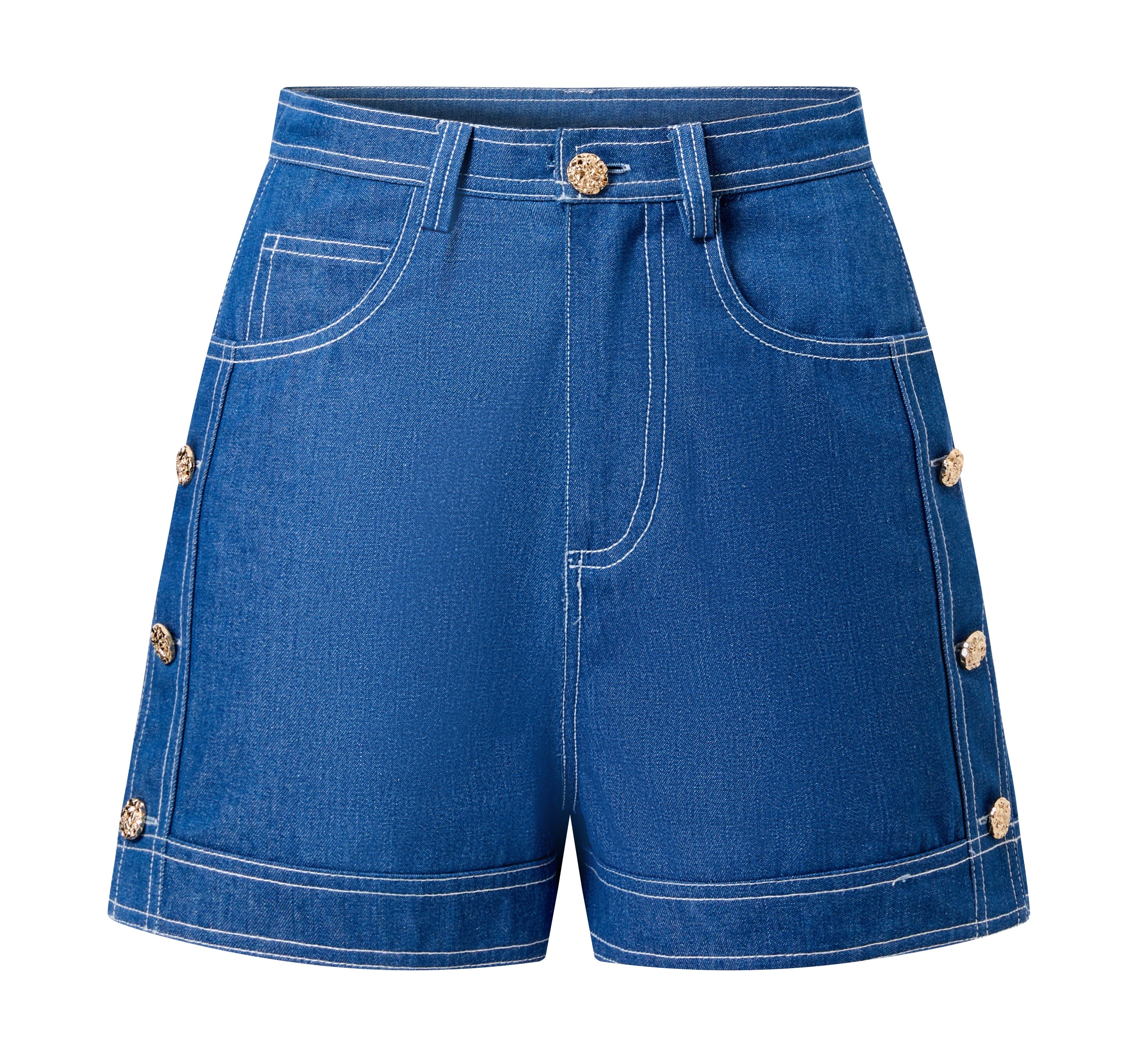 Gold bittons detailed denim shorts