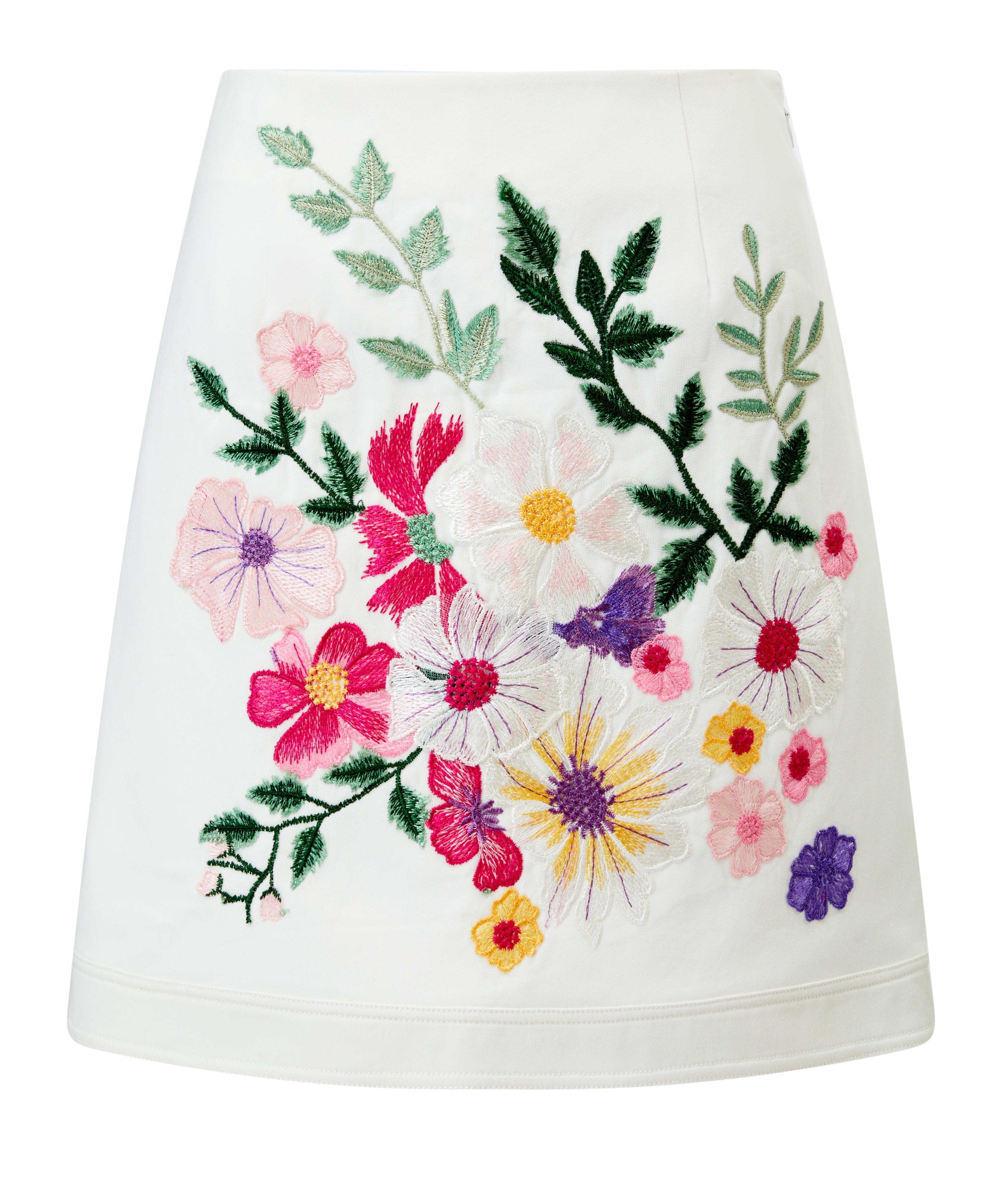 Embroidered denim multicoloured flowers A line skirt&nbsp;