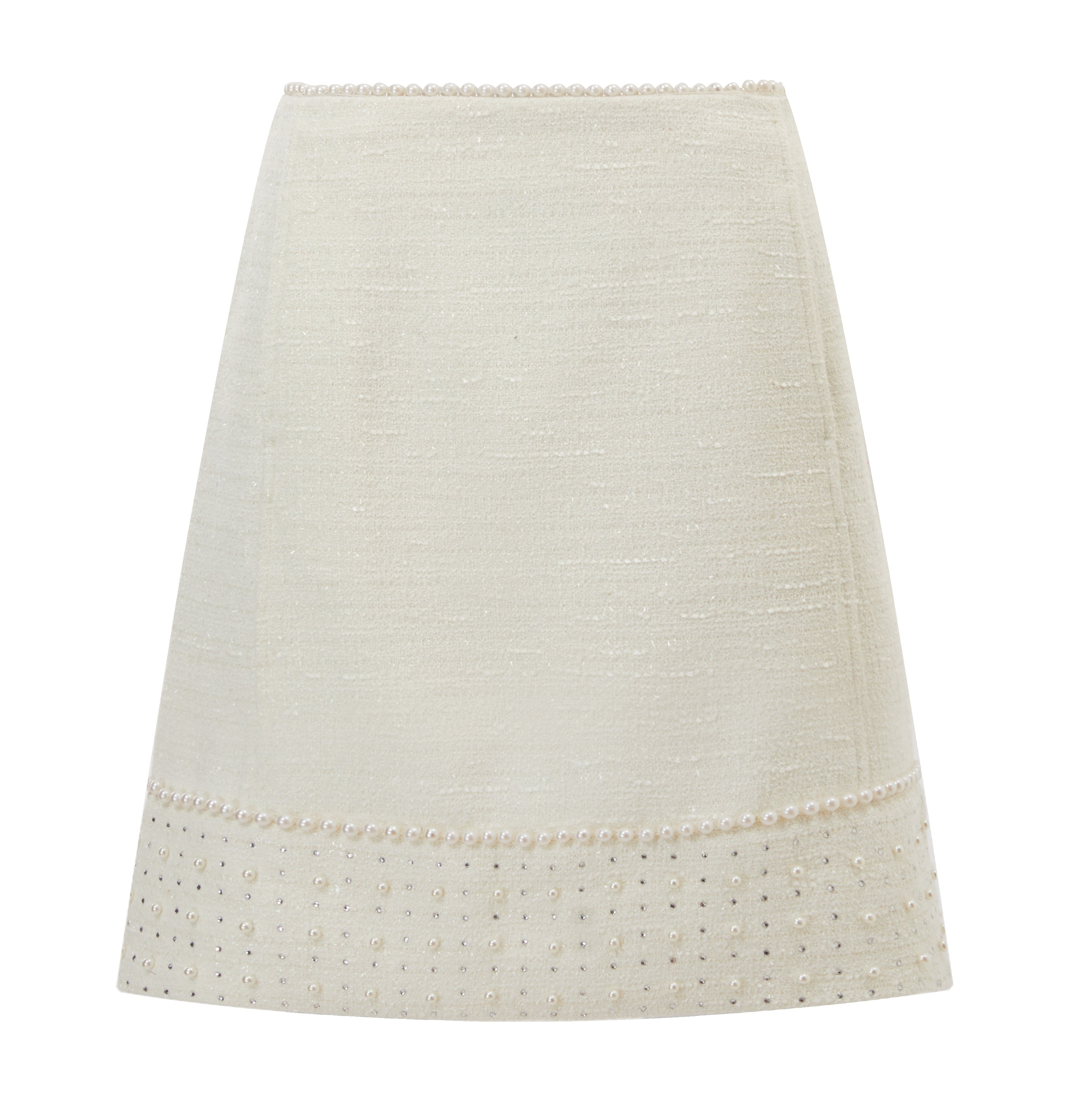 Ivory natté + Cristal shiny hints , A line skirt with pearls q’d rhinestones details on botton hem trimed with pearls