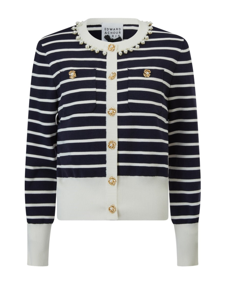 Navy stripes structural knit Crop cardigan with pearls and rhinestones embroidery