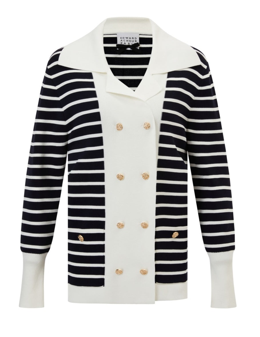 Structural knit Double breasted navy stripes and white front and collar long cardigan