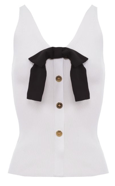 structural knit v neck sleeveless top with removable chiffon bow