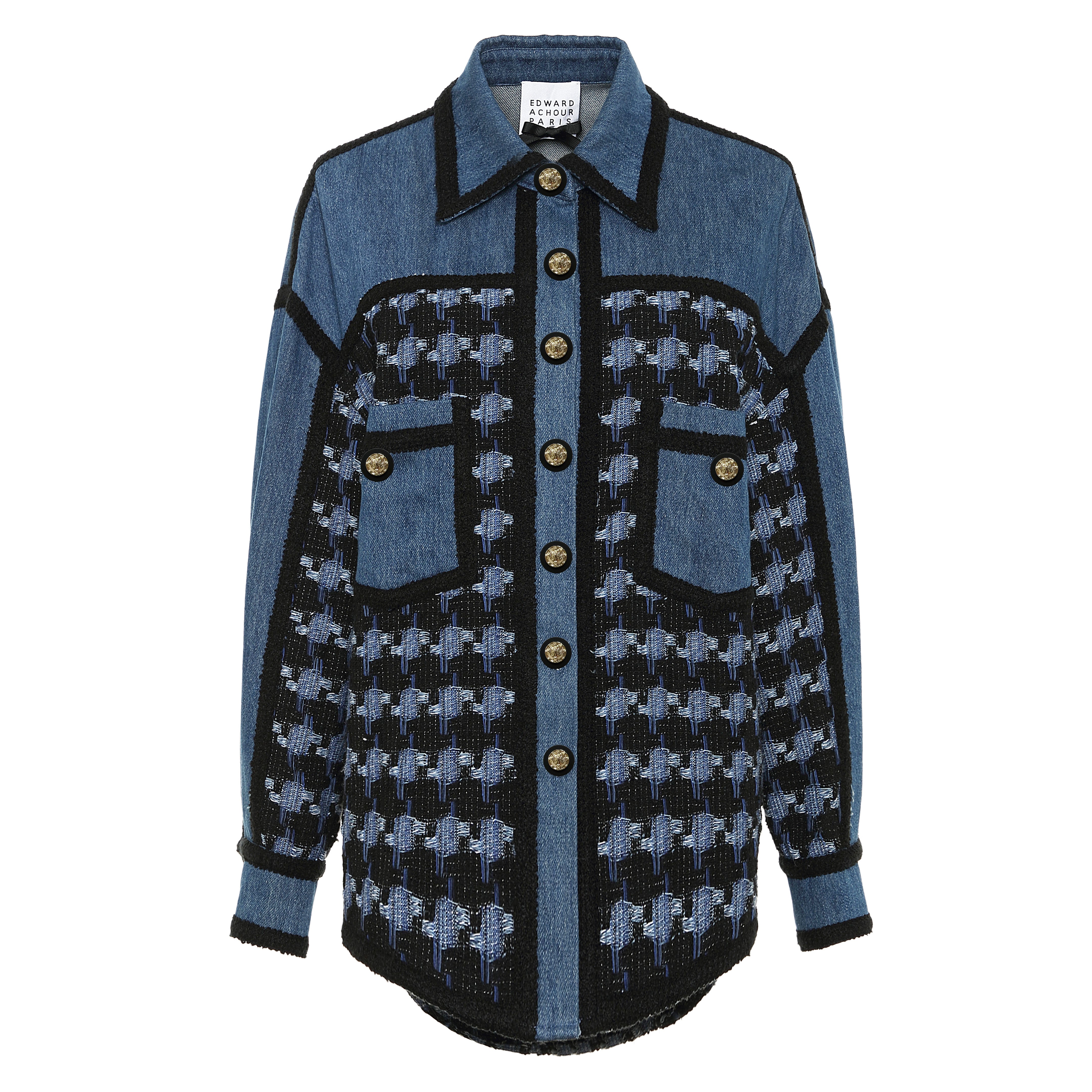 Denim and houndstooth textured Overshirt +black trim