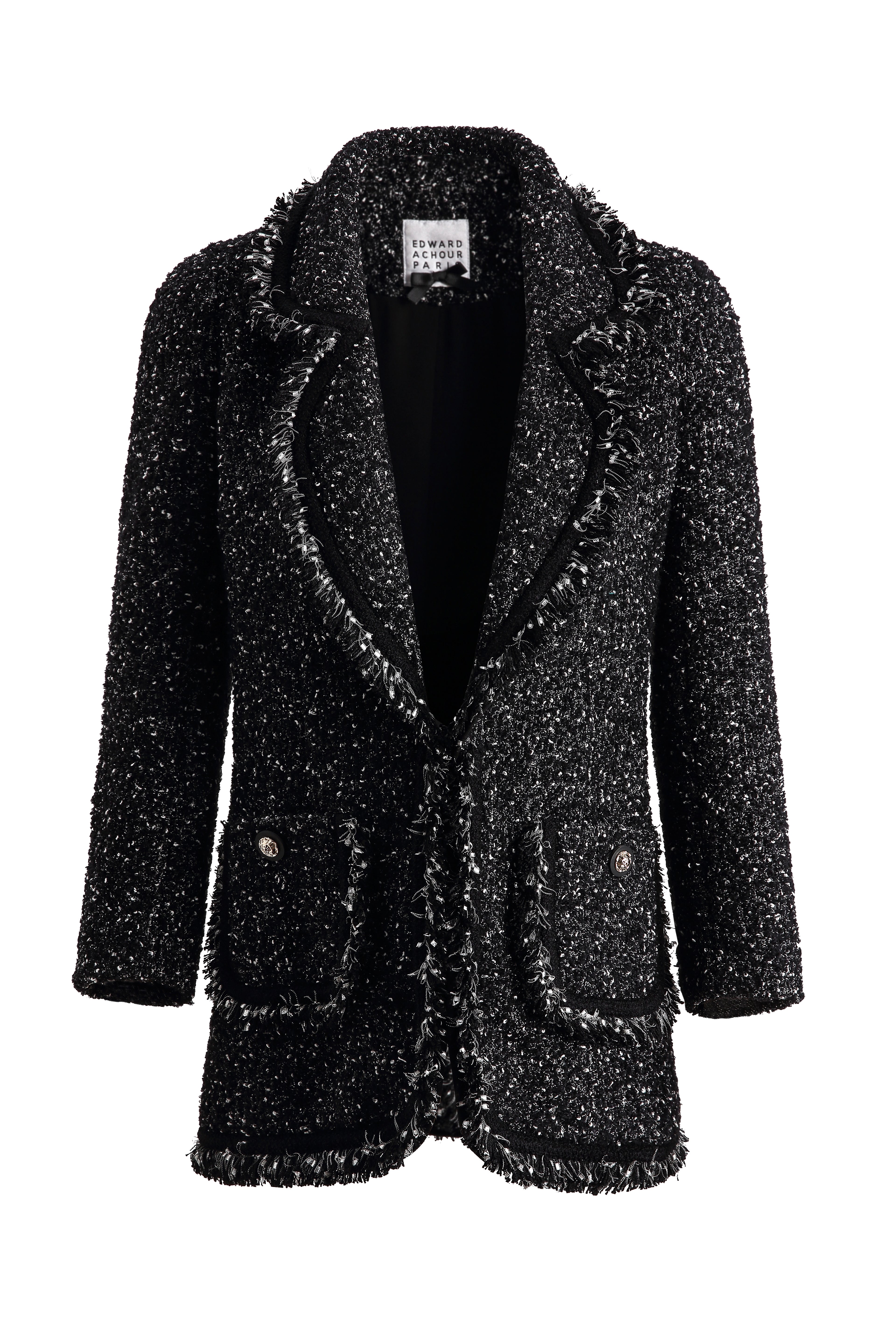 Black amd white snowflakes franged round collar blazer