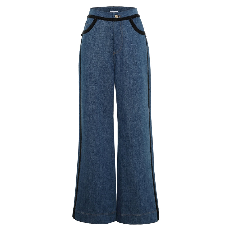 Wild leg denim trim pant with pockets and twee details